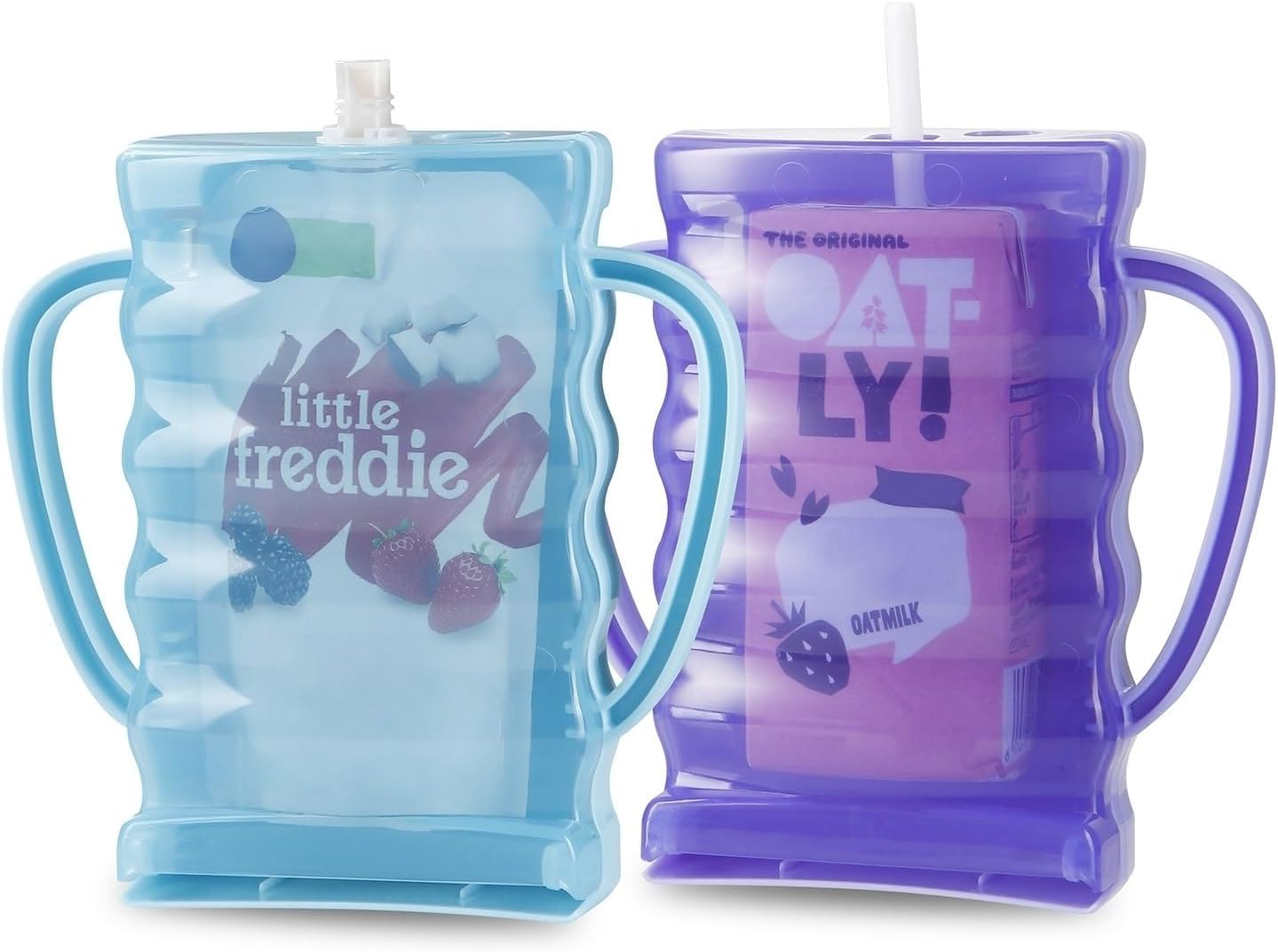2 Pack Pouch Holder No Squeeze, Baby Food Pouch Juice Boxe Holder with Handle for Food Pouches and Drinks, Blue/Purple - Image 1
