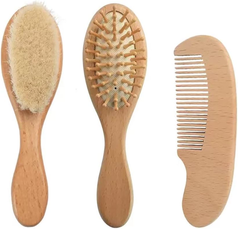 Baby Hair Brush and Comb Set for Newborn| Natural Wooden Hairbrush with Soft Goat Bristles, Pear Wood Comb and Wooden Massage Brush for Infant, Toddler, Kids - Image 1