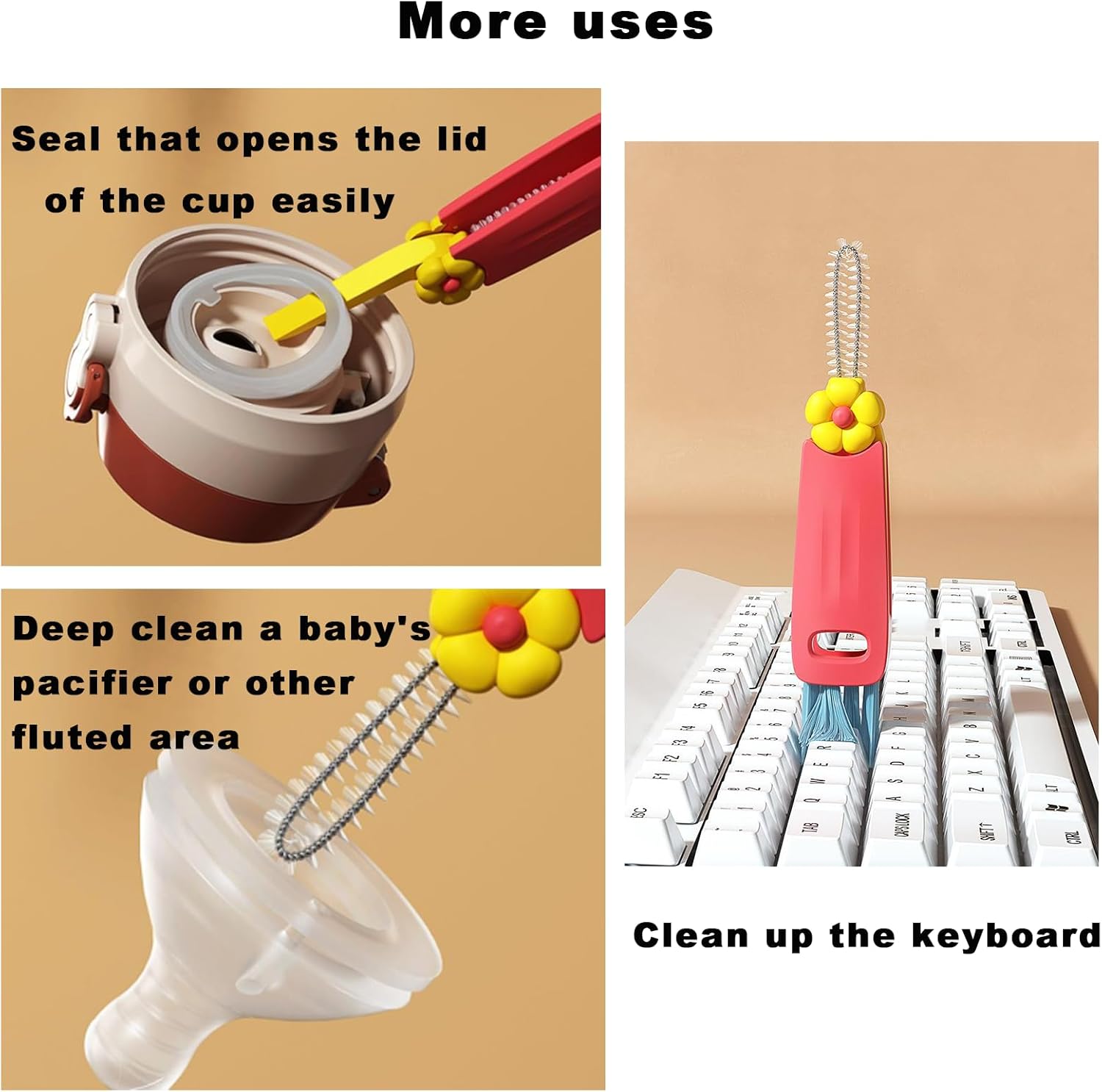 3 Pack 3-in-1 Cup Lid Cleaning Brush Set, Multifunctional Crevice Cleaner Tool for Bottle Gaps, Straw & Sealed Lid, Portable Brush for Food Storage Containers - Image 3