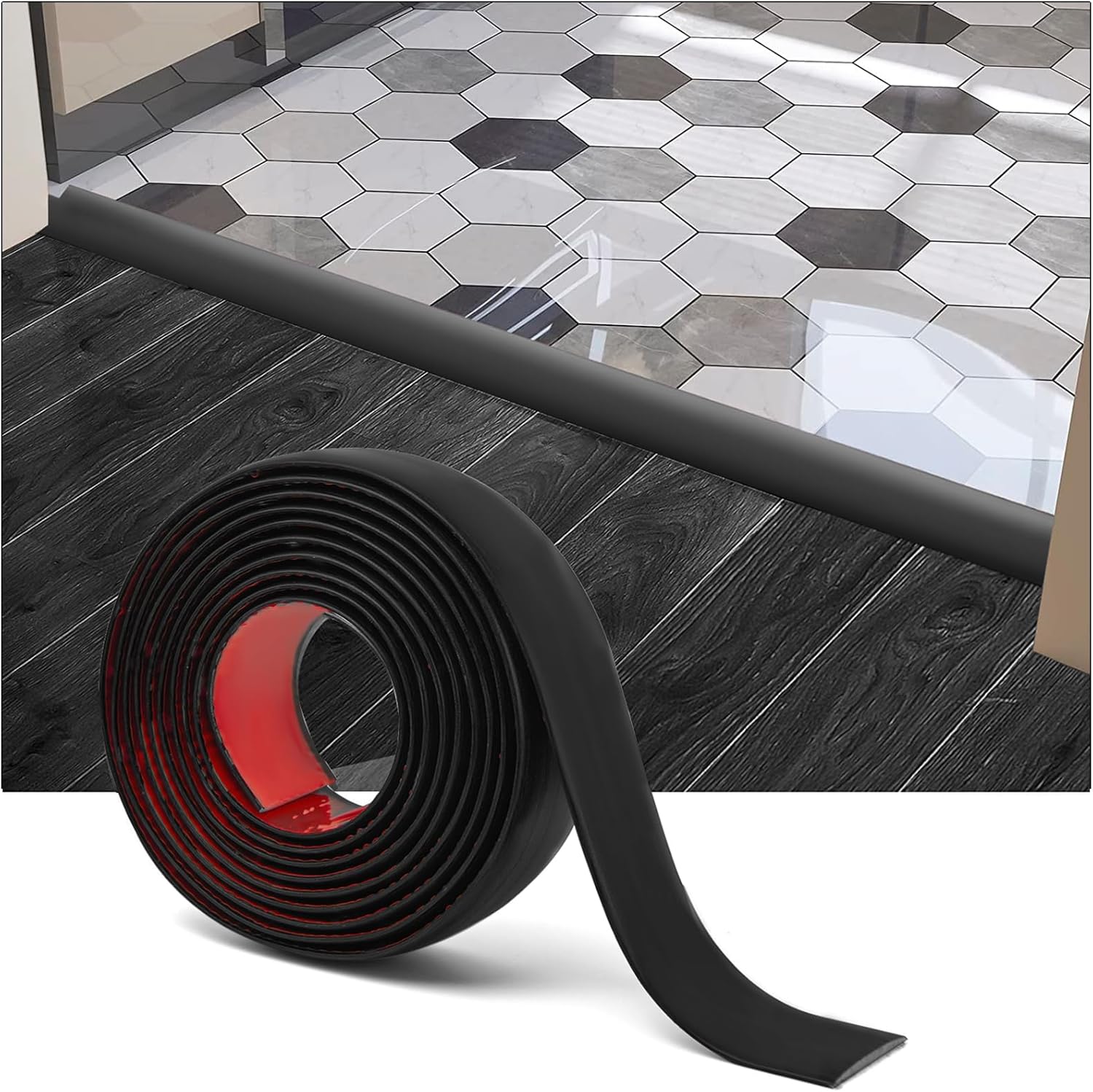 Self Adhesive Vinyl Floor Transition Strip,Laminate Floor Strip Floor Flat Divider Strip for Joining Floor Gaps,Carpet Threshold Transition,Floor Tiles（10 FT, 1.57in, Black） - Image 1