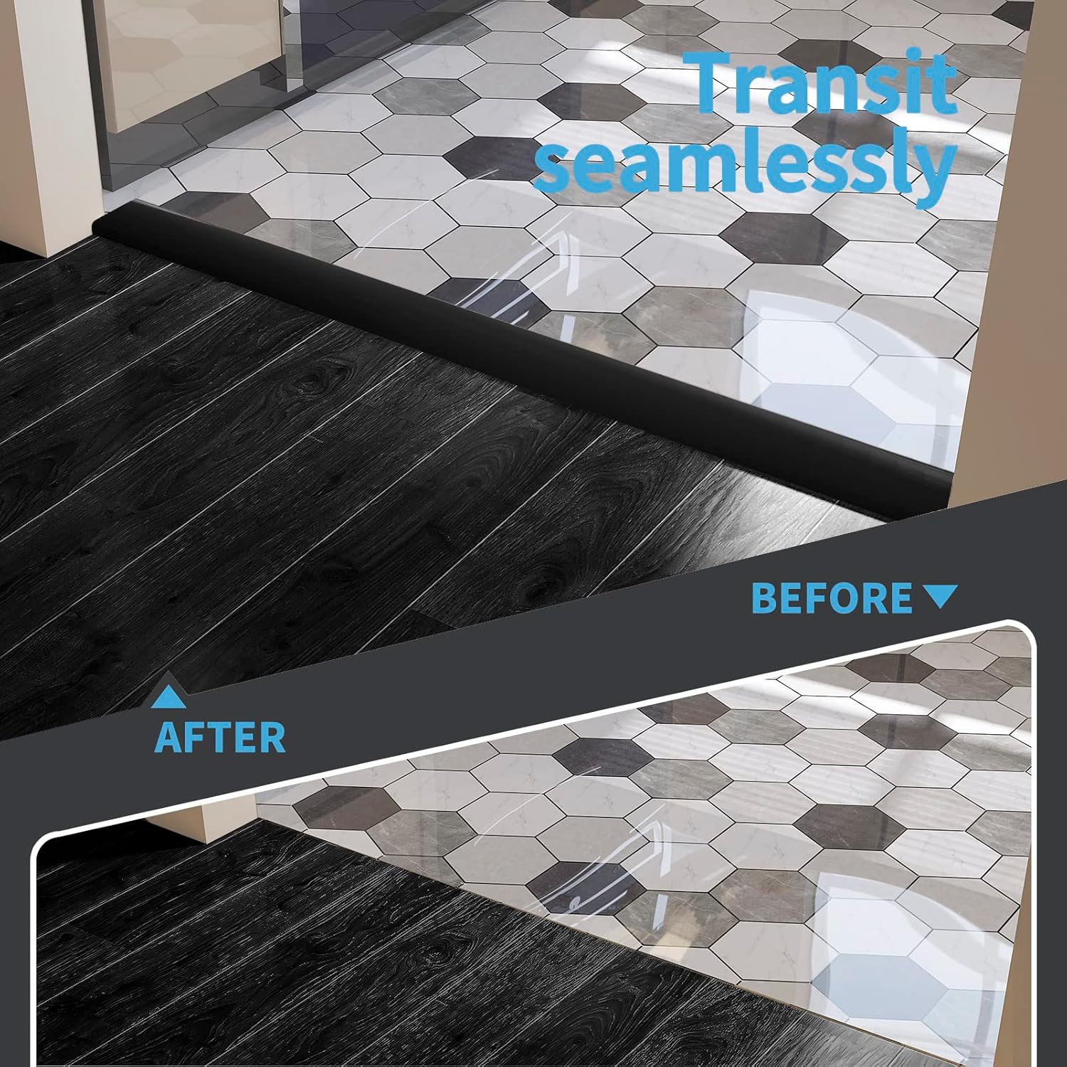 Self Adhesive Vinyl Floor Transition Strip,Laminate Floor Strip Floor Flat Divider Strip for Joining Floor Gaps,Carpet Threshold Transition,Floor Tiles（10 FT, 1.57in, Black） - Image 3