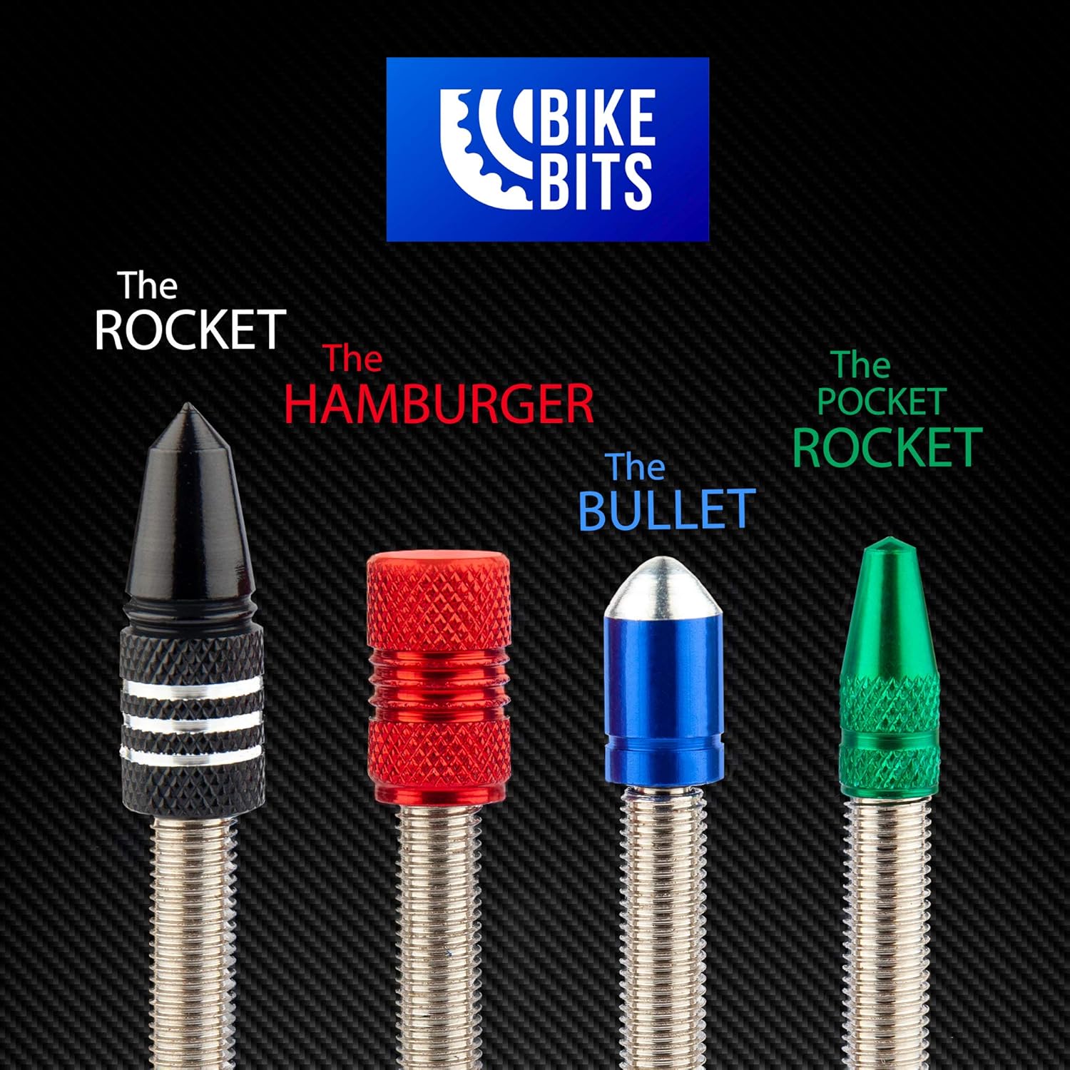 Presta Valve Caps - Anodized Aluminum - Use On Presta/French Valves - Designs: Bullet, Rocket, Hamburger, Pocket Rocket (4 Pack) - Image 2