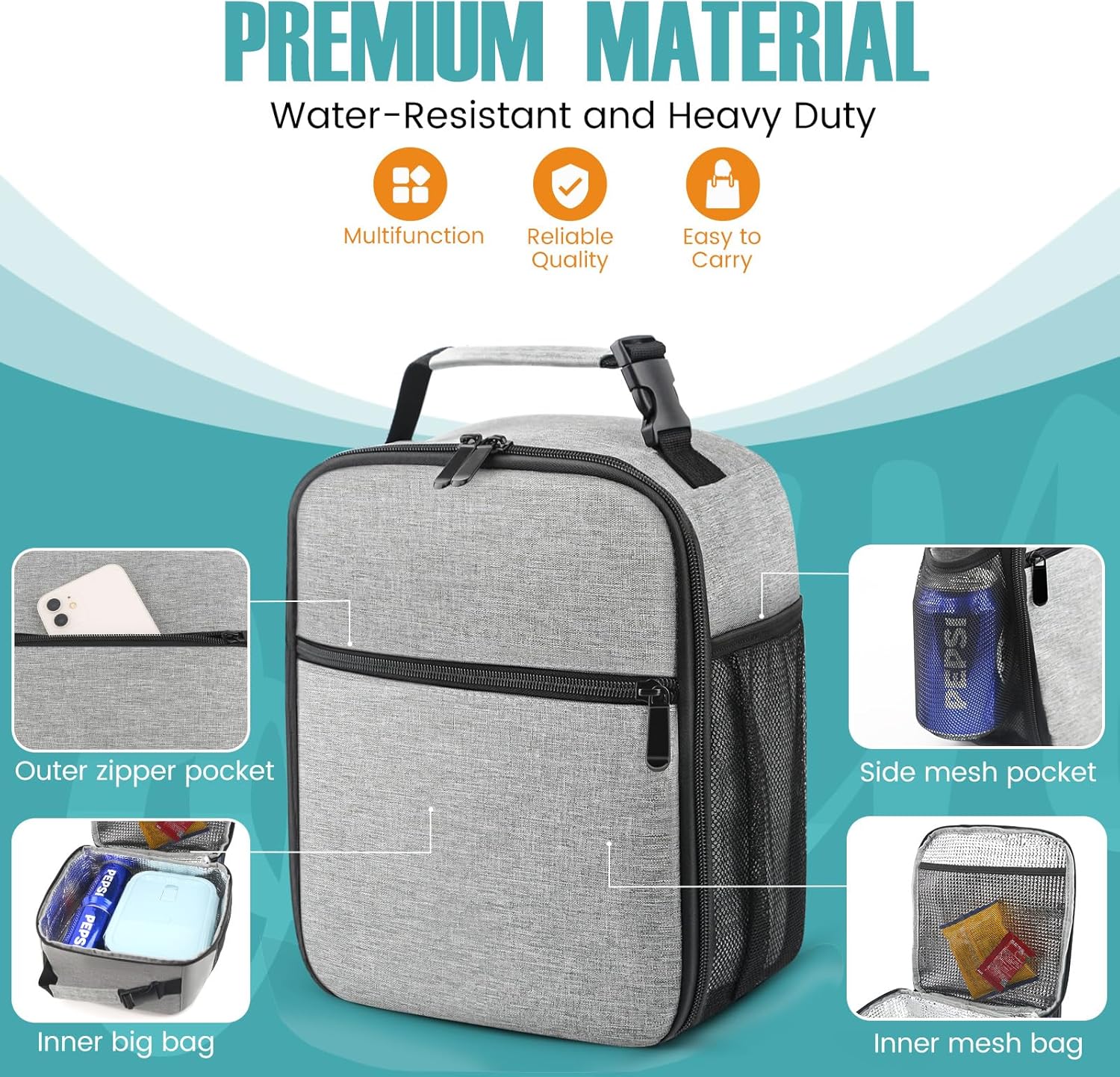Lunch Bag for Men/Women, Reusable Lunch Box for Adult, Small Insulated Lunch Box, Lunch Tote Bag for Office, Work, Picnic - Image 5