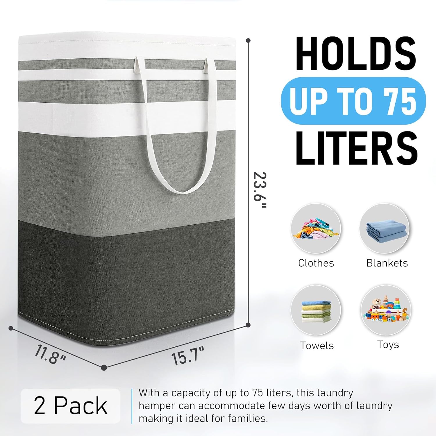 Freestanding Laundry Basket Collapsible Laundry Hamper 2-Pack Large Clothes Storage Bin Foldable Laundry Baskets for Bedroom, Bathroom, Laundry Room - Image 2