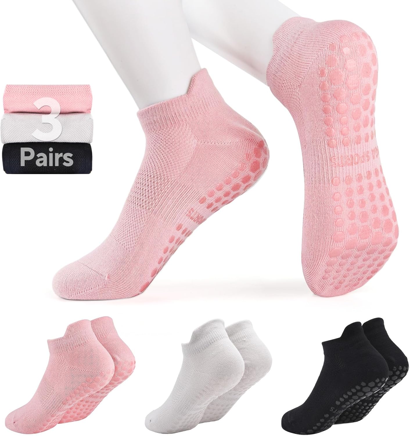 3 Pairs Pilates Grip Socks, Non Slip Yoga Socks for Women, Anti-Skid Grip Socks Breathable Cotton Socks for Yoga, Barre, Dance, Barefoot, Workout, Pregnant, Fitness and Ballet - Image 1