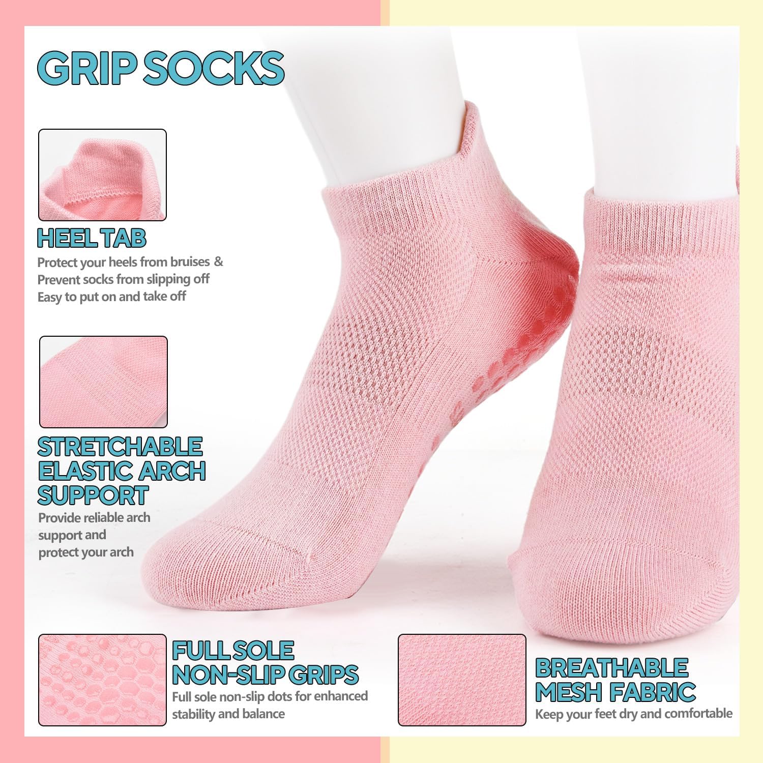 3 Pairs Pilates Grip Socks, Non Slip Yoga Socks for Women, Anti-Skid Grip Socks Breathable Cotton Socks for Yoga, Barre, Dance, Barefoot, Workout, Pregnant, Fitness and Ballet - Image 3