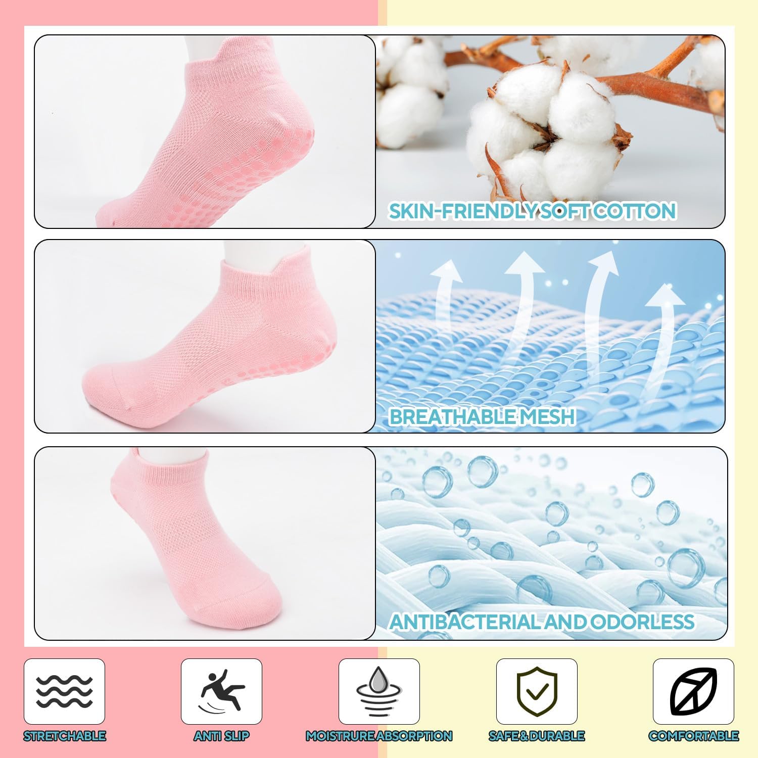 3 Pairs Pilates Grip Socks, Non Slip Yoga Socks for Women, Anti-Skid Grip Socks Breathable Cotton Socks for Yoga, Barre, Dance, Barefoot, Workout, Pregnant, Fitness and Ballet - Image 4