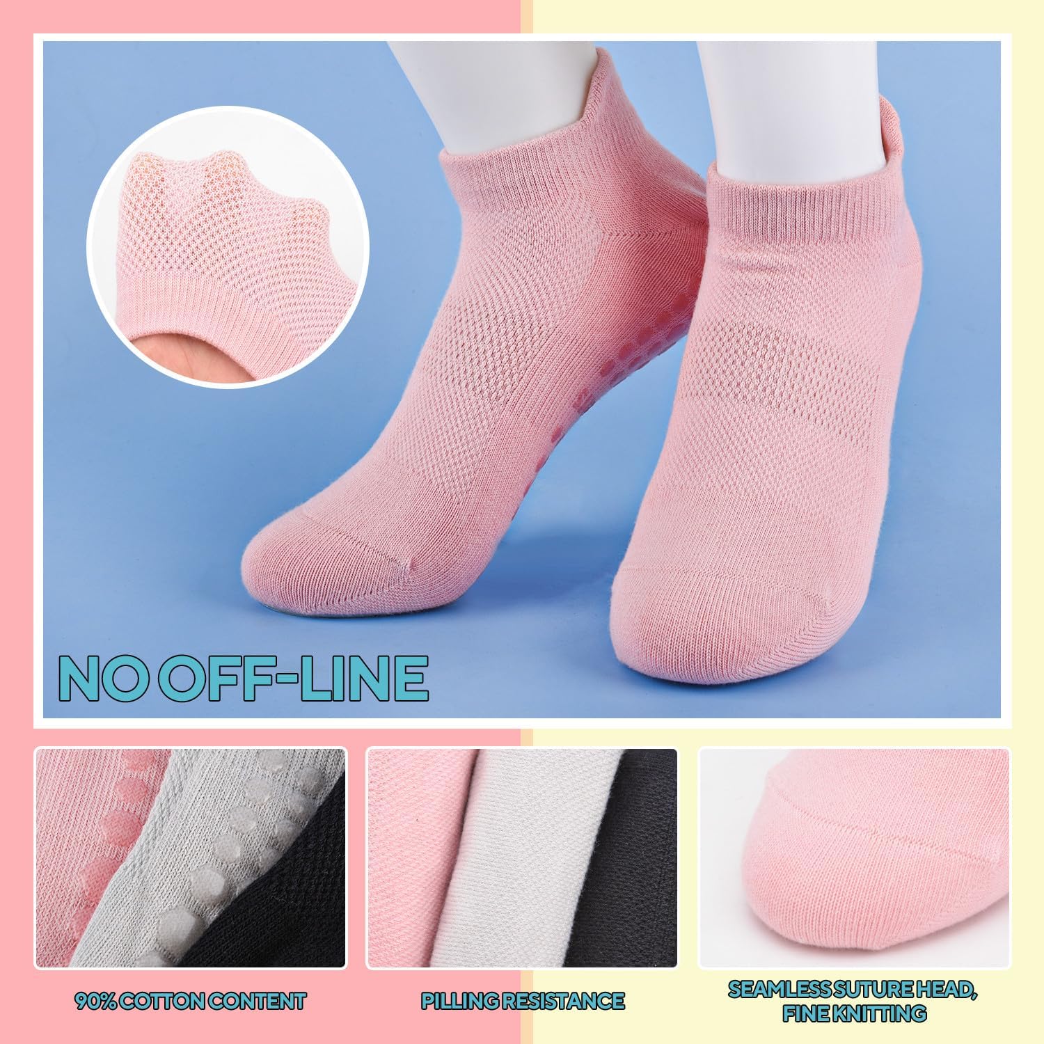 3 Pairs Pilates Grip Socks, Non Slip Yoga Socks for Women, Anti-Skid Grip Socks Breathable Cotton Socks for Yoga, Barre, Dance, Barefoot, Workout, Pregnant, Fitness and Ballet - Image 5