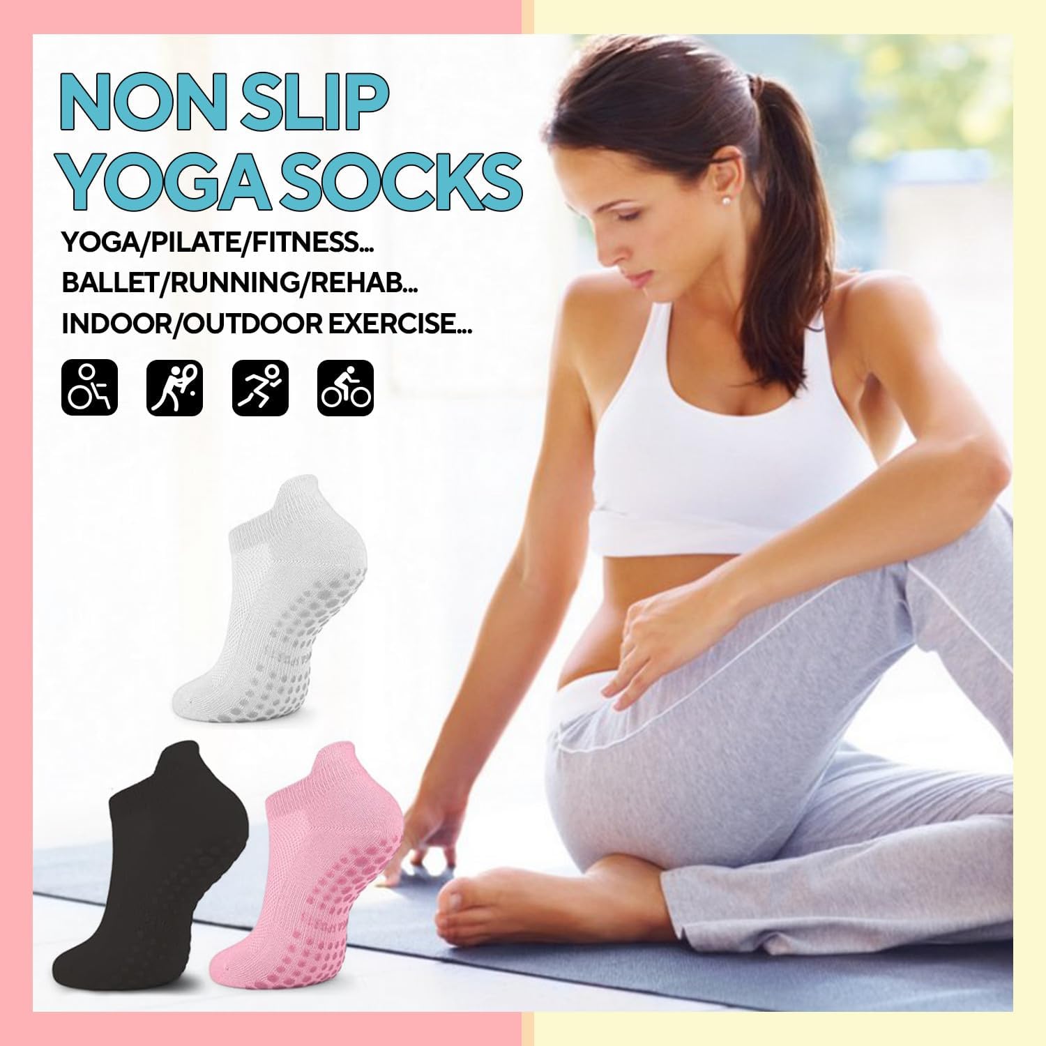 3 Pairs Pilates Grip Socks, Non Slip Yoga Socks for Women, Anti-Skid Grip Socks Breathable Cotton Socks for Yoga, Barre, Dance, Barefoot, Workout, Pregnant, Fitness and Ballet - Image 6