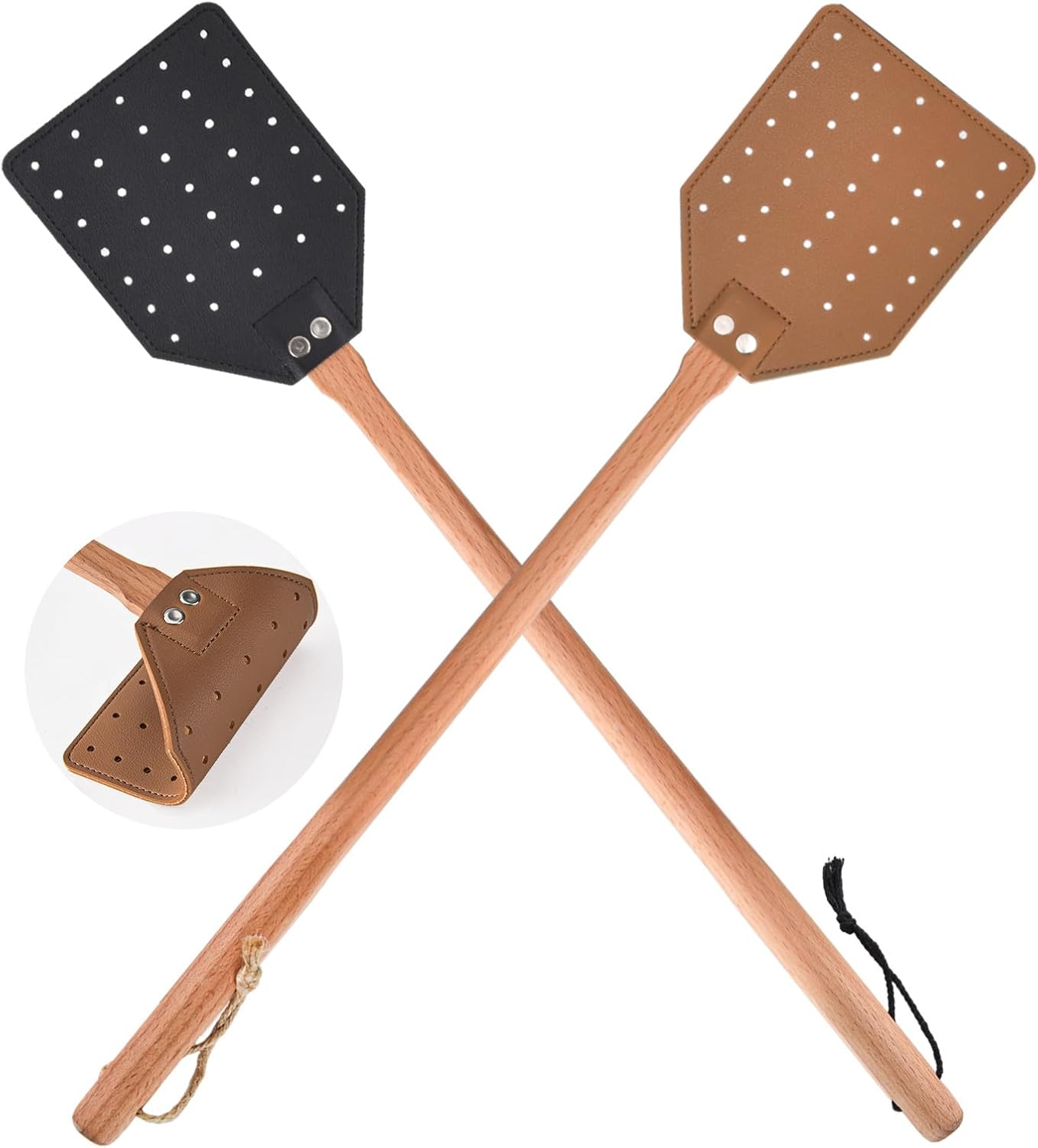2 Pcs Leather Fly Swatter with Wood Handle, Durable Heavy Duty Fly Insects Catcher for Indoor Outdoor, Wooden Design Fly Killer Pest Control Bug Swatter Manual for Spiders, Flies, Bees, Mosquitoes - Image 1