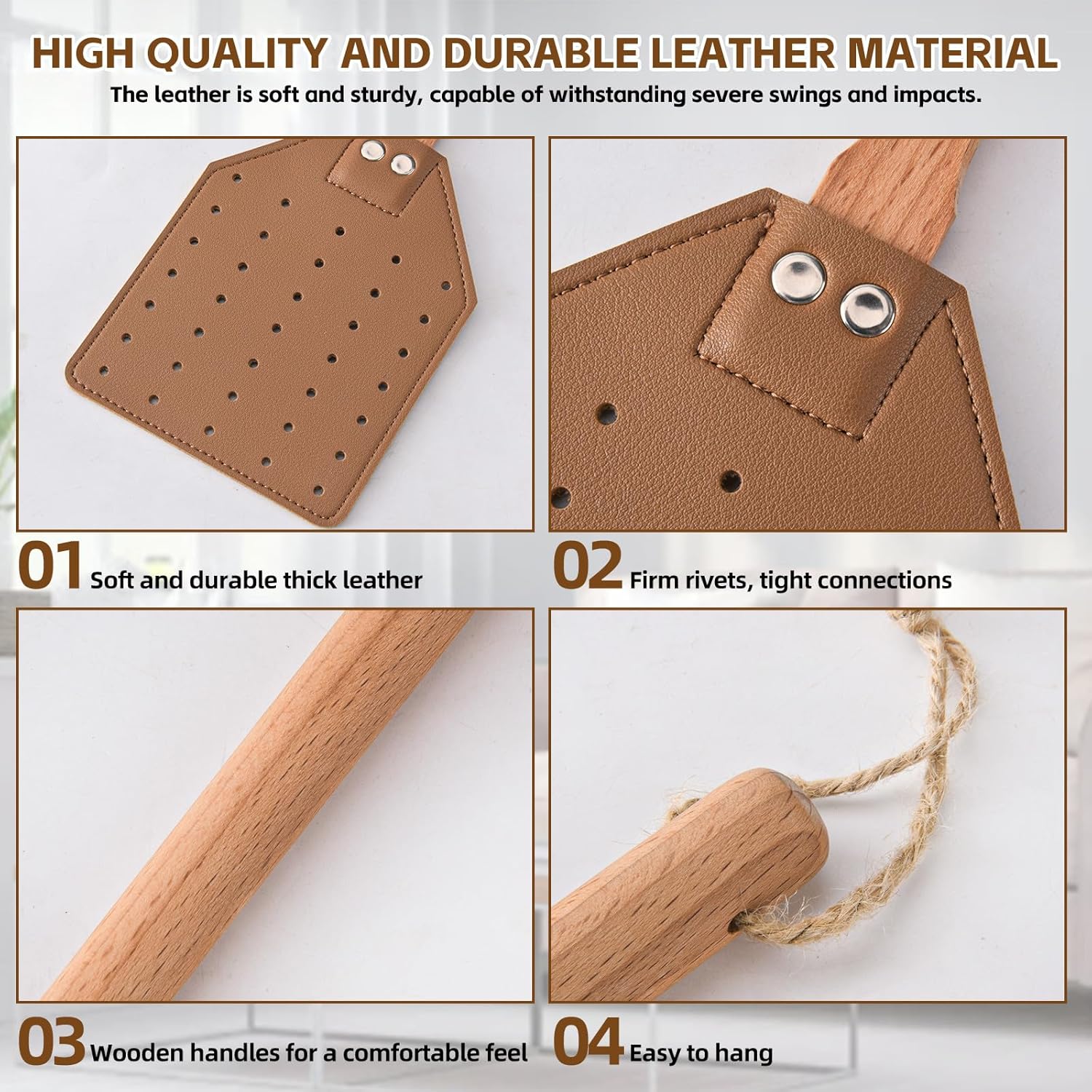 2 Pcs Leather Fly Swatter with Wood Handle, Durable Heavy Duty Fly Insects Catcher for Indoor Outdoor, Wooden Design Fly Killer Pest Control Bug Swatter Manual for Spiders, Flies, Bees, Mosquitoes - Image 2