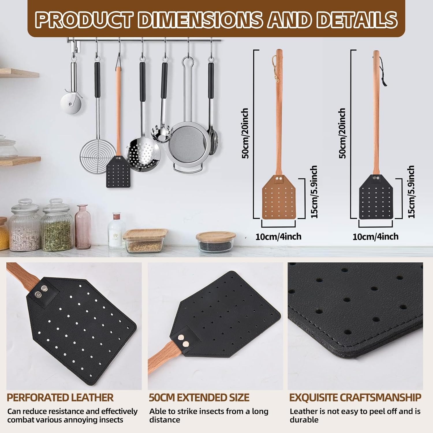 2 Pcs Leather Fly Swatter with Wood Handle, Durable Heavy Duty Fly Insects Catcher for Indoor Outdoor, Wooden Design Fly Killer Pest Control Bug Swatter Manual for Spiders, Flies, Bees, Mosquitoes - Image 3