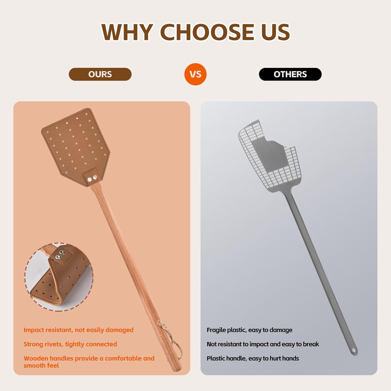 2 Pcs Leather Fly Swatter with Wood Handle, Durable Heavy Duty Fly Insects Catcher for Indoor Outdoor, Wooden Design Fly Killer Pest Control Bug Swatter Manual for Spiders, Flies, Bees, Mosquitoes - Image 4