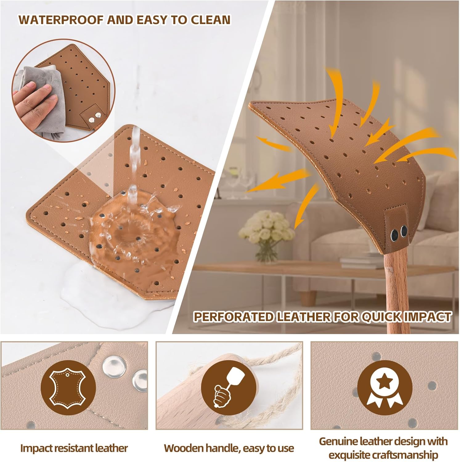 2 Pcs Leather Fly Swatter with Wood Handle, Durable Heavy Duty Fly Insects Catcher for Indoor Outdoor, Wooden Design Fly Killer Pest Control Bug Swatter Manual for Spiders, Flies, Bees, Mosquitoes - Image 5
