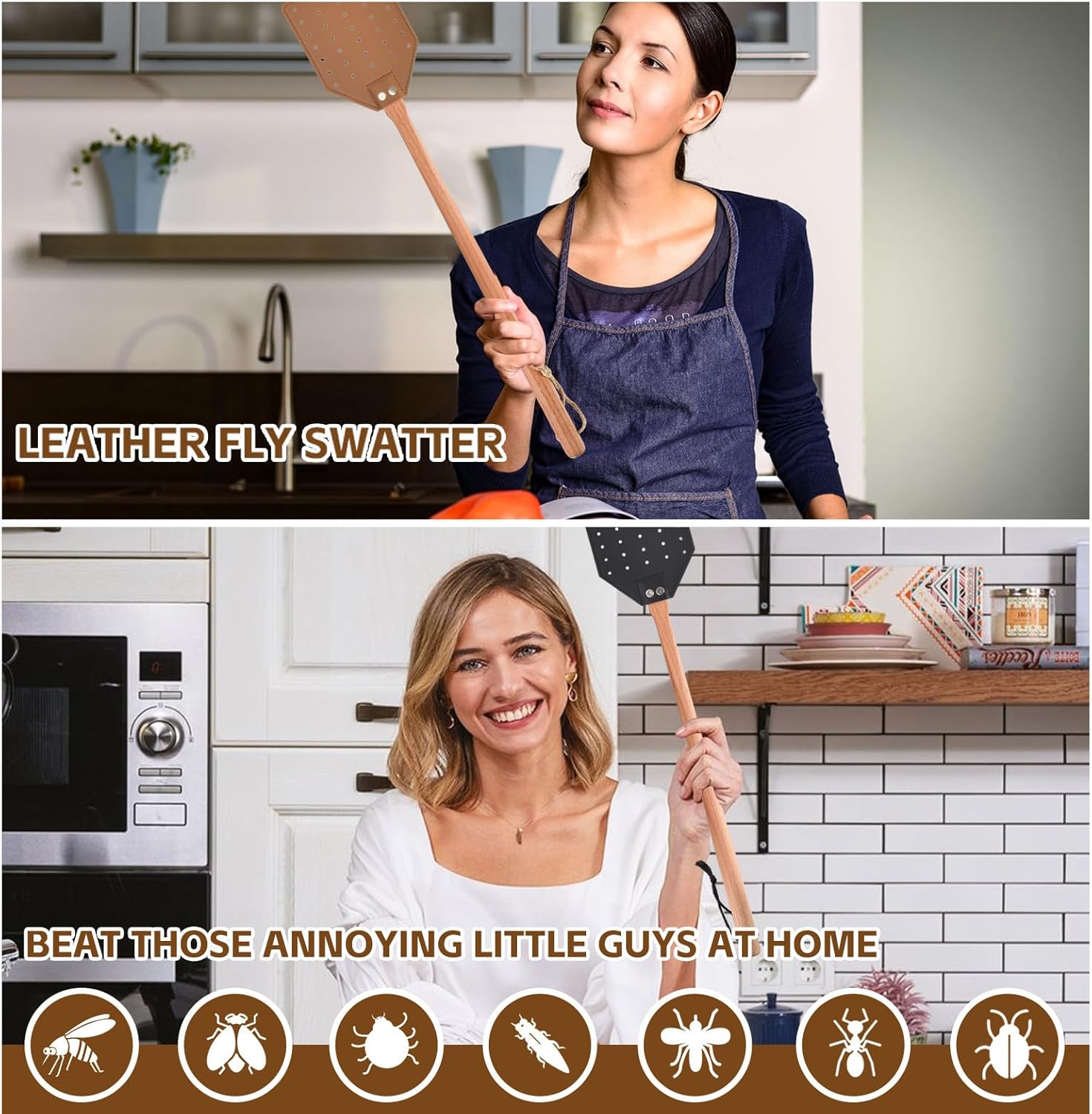 2 Pcs Leather Fly Swatter with Wood Handle, Durable Heavy Duty Fly Insects Catcher for Indoor Outdoor, Wooden Design Fly Killer Pest Control Bug Swatter Manual for Spiders, Flies, Bees, Mosquitoes - Image 6
