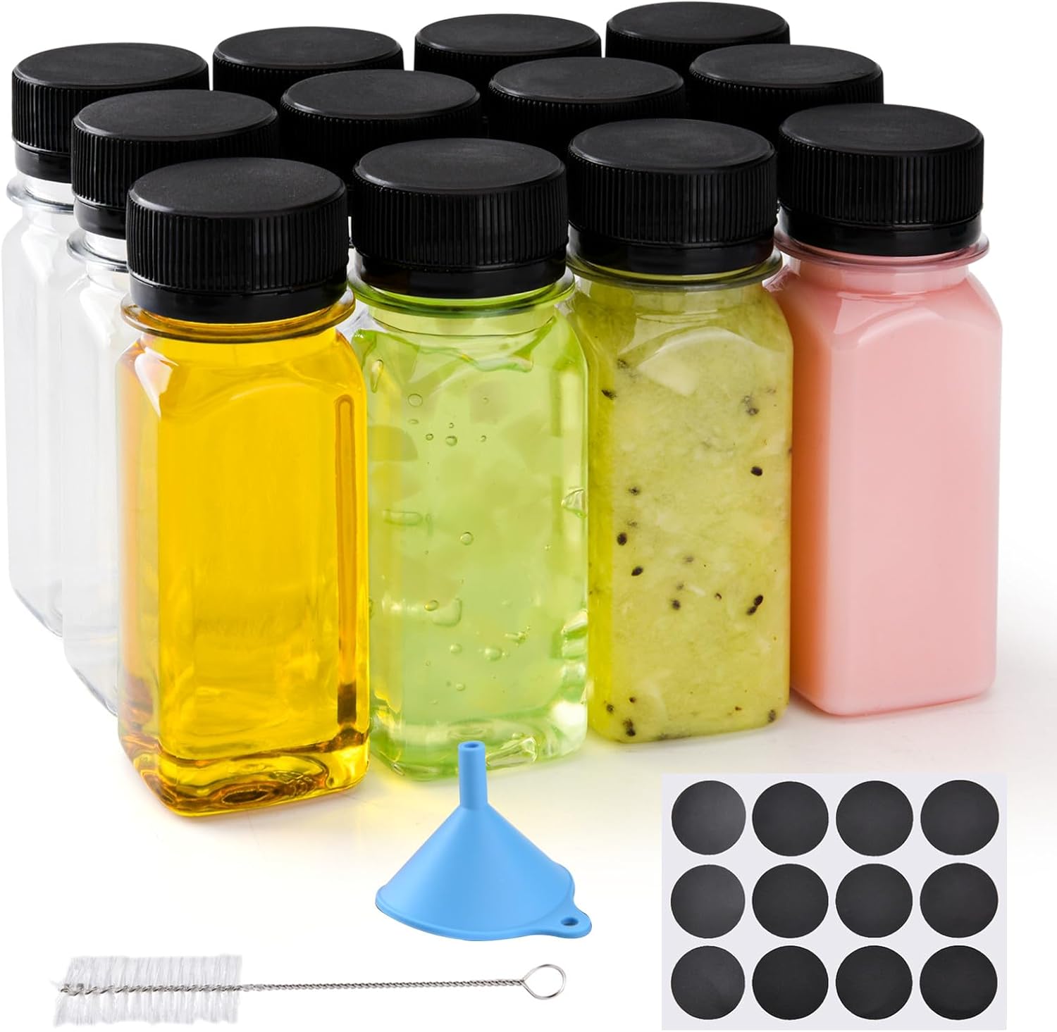 12 pcs 2oz Small Plastic Juice Bottles with Lids，Reusable Leak proof Ginger Shots Bottle with Black caps, Wellness Mini Jars Plastic Containers for Smoothie, Water, Milk and Other Beverages - Image 1