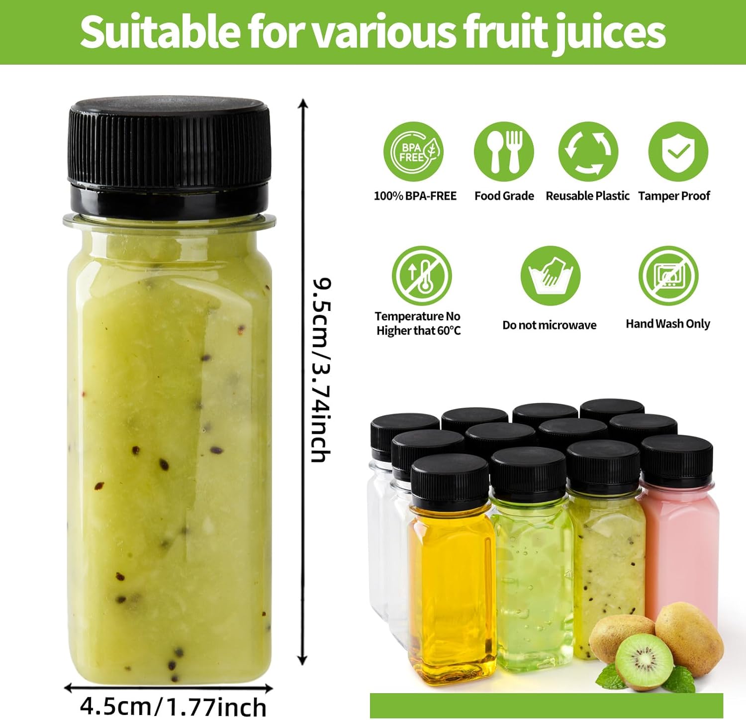 12 pcs 2oz Small Plastic Juice Bottles with Lids，Reusable Leak proof Ginger Shots Bottle with Black caps, Wellness Mini Jars Plastic Containers for Smoothie, Water, Milk and Other Beverages - Image 2