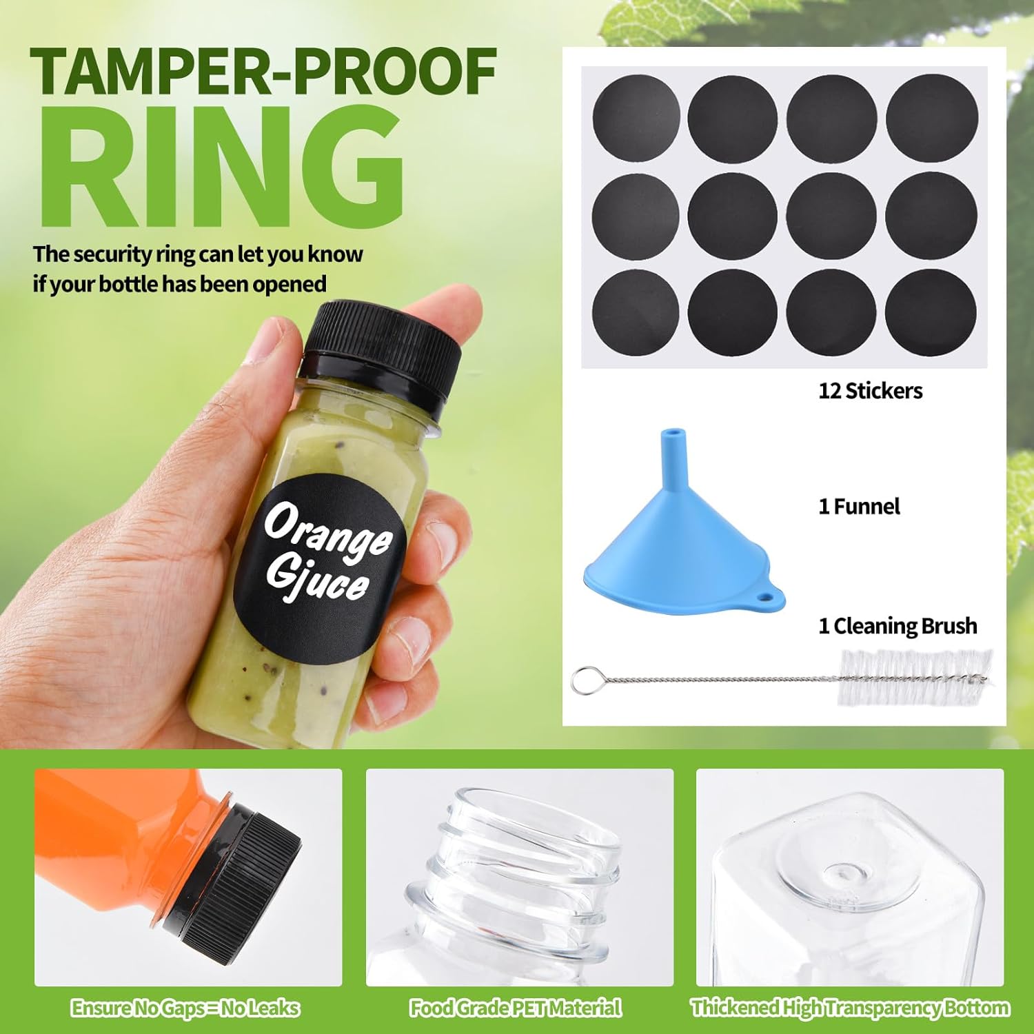 12 pcs 2oz Small Plastic Juice Bottles with Lids，Reusable Leak proof Ginger Shots Bottle with Black caps, Wellness Mini Jars Plastic Containers for Smoothie, Water, Milk and Other Beverages - Image 3
