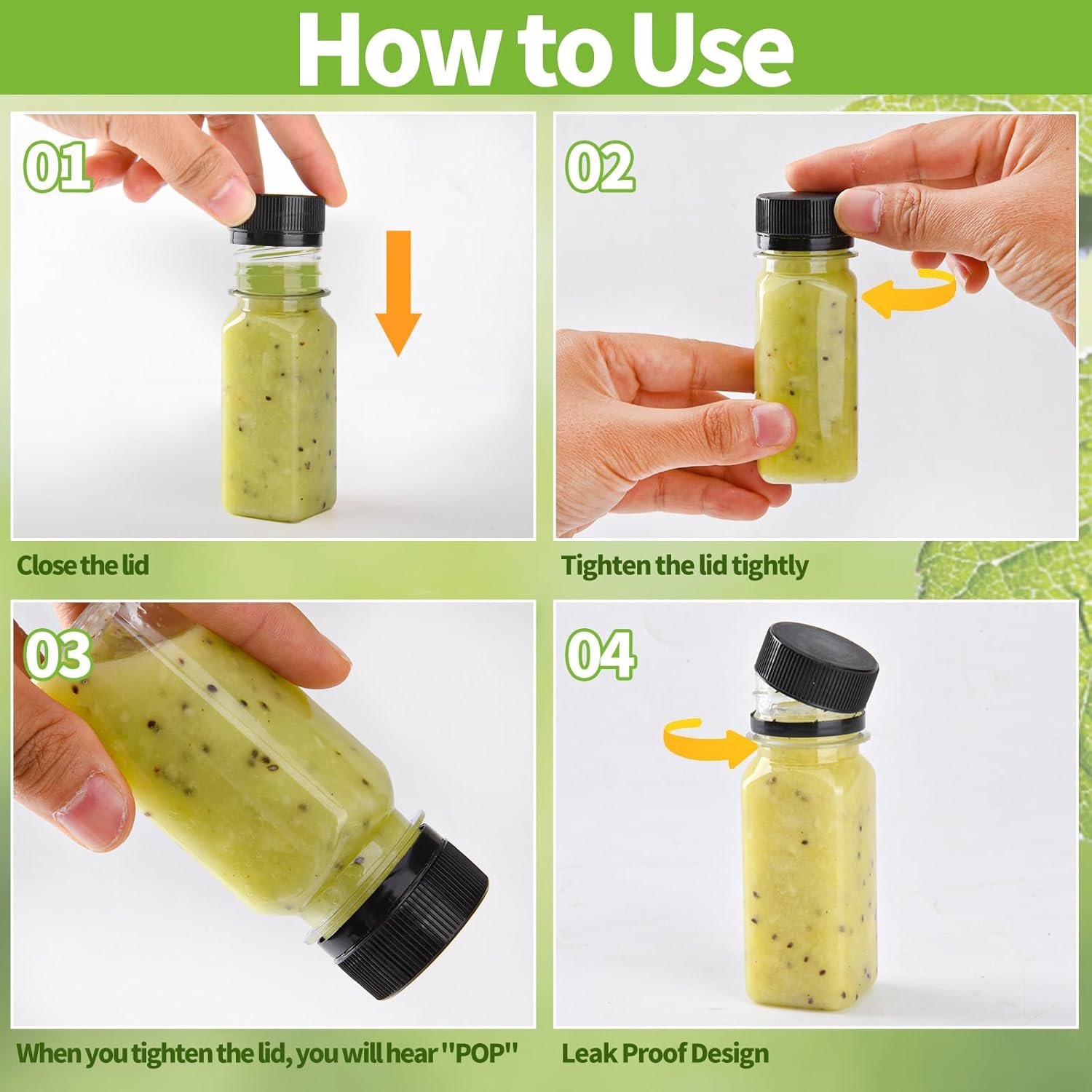12 pcs 2oz Small Plastic Juice Bottles with Lids，Reusable Leak proof Ginger Shots Bottle with Black caps, Wellness Mini Jars Plastic Containers for Smoothie, Water, Milk and Other Beverages - Image 4
