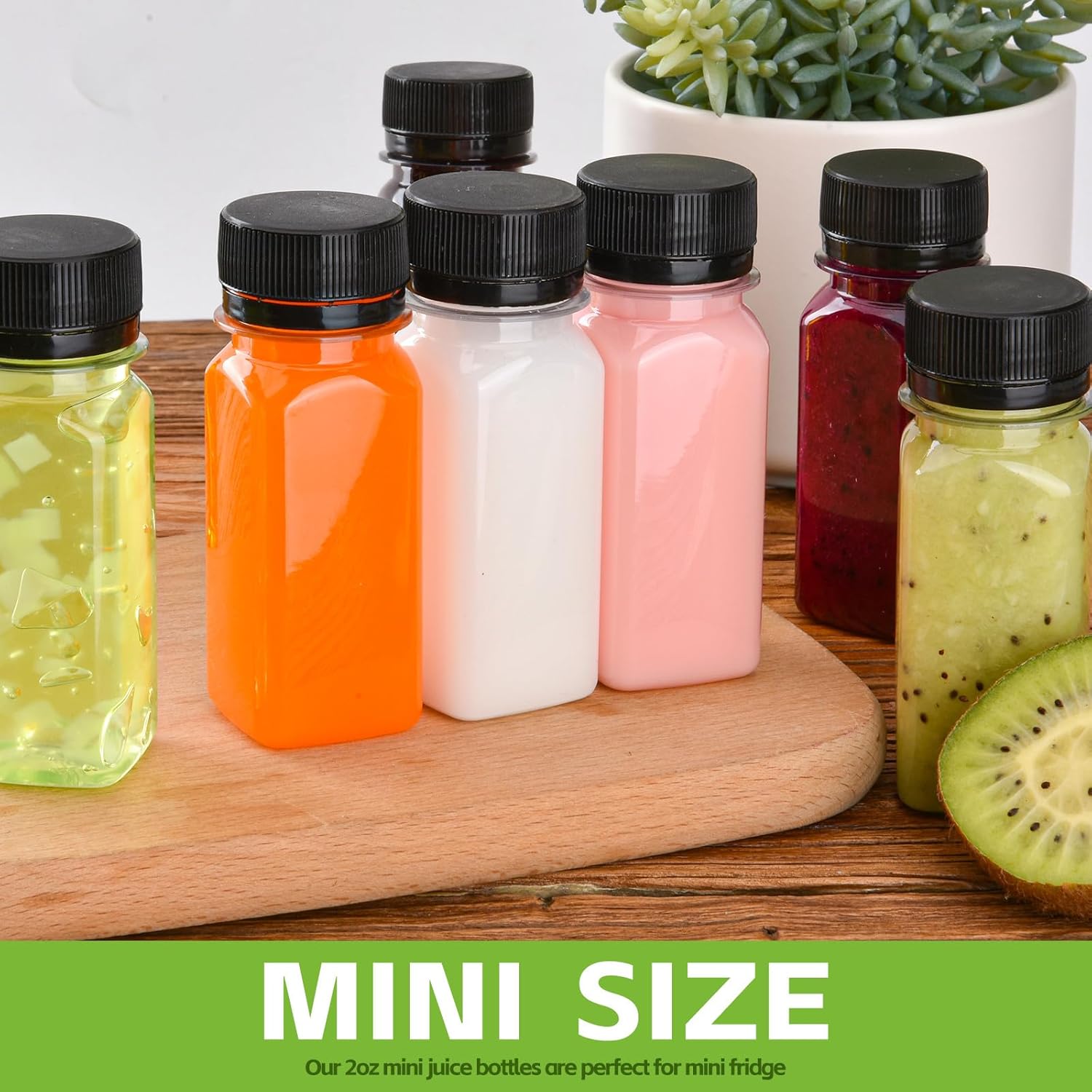 12 pcs 2oz Small Plastic Juice Bottles with Lids，Reusable Leak proof Ginger Shots Bottle with Black caps, Wellness Mini Jars Plastic Containers for Smoothie, Water, Milk and Other Beverages - Image 5