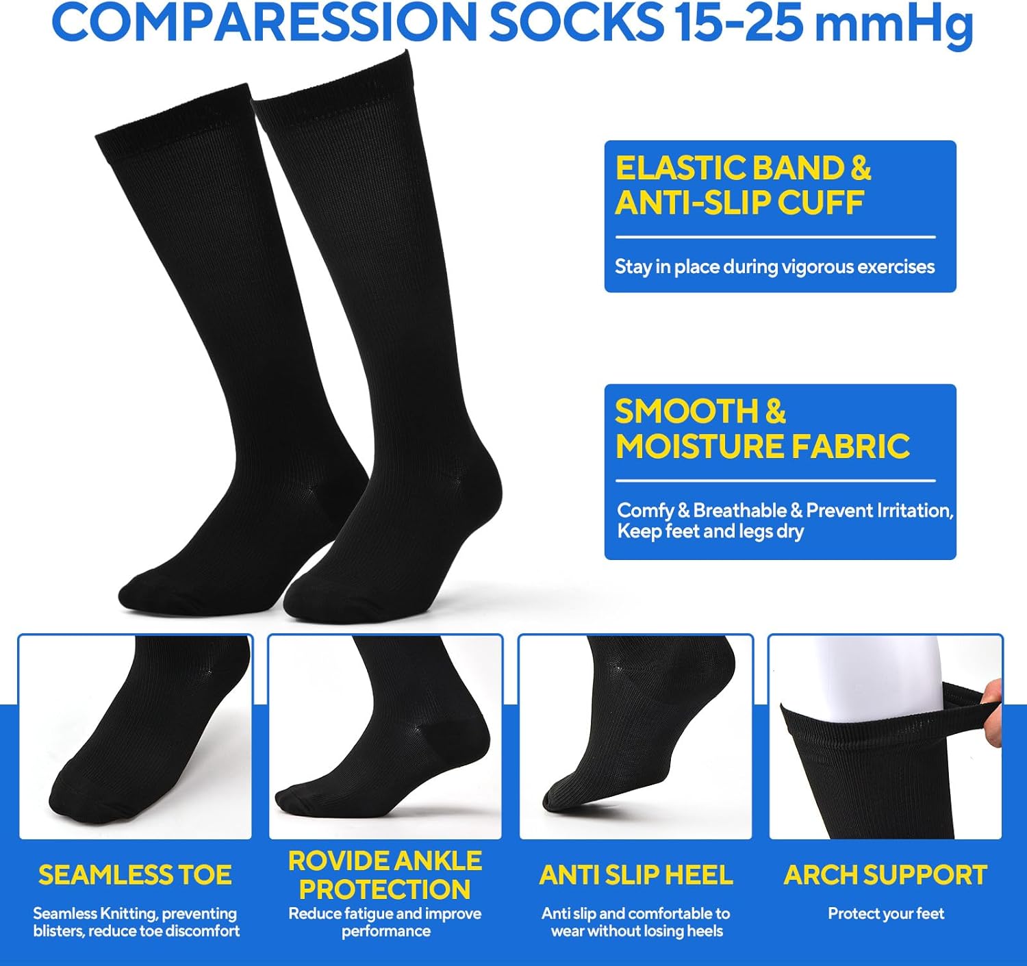 3 Pairs Compression Socks for Women & Men, Circulation 15-25mmHg Support Socks for Athletic, Running, Cycling, Nurse - Image 3