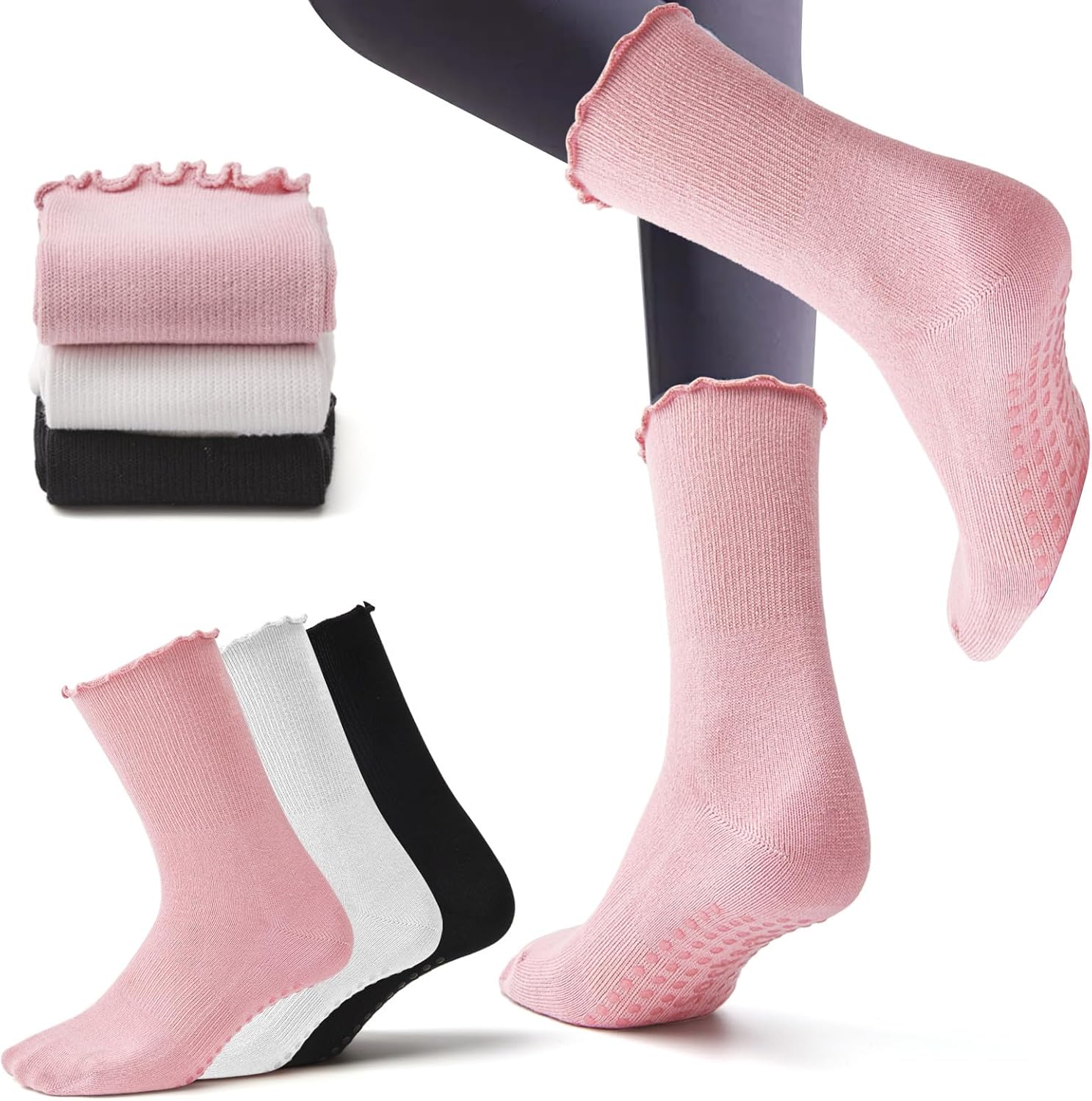 3 Pairs Pilates Grip Socks,Non Slip Ruffle Yoga Socks for Women,Anti-Skid Athletic Breathable Cotton Crew Socks for Yoga,Barre,Dance,Pregnant,Hospital,Fitness and Workout - Image 1