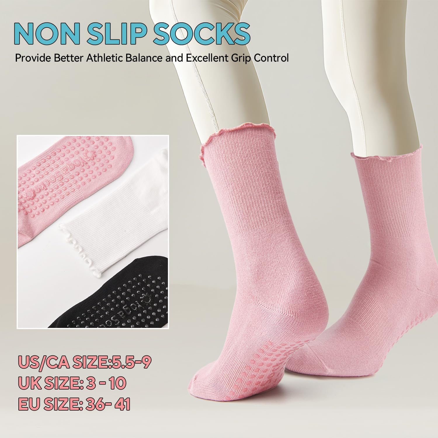 3 Pairs Pilates Grip Socks,Non Slip Ruffle Yoga Socks for Women,Anti-Skid Athletic Breathable Cotton Crew Socks for Yoga,Barre,Dance,Pregnant,Hospital,Fitness and Workout - Image 2