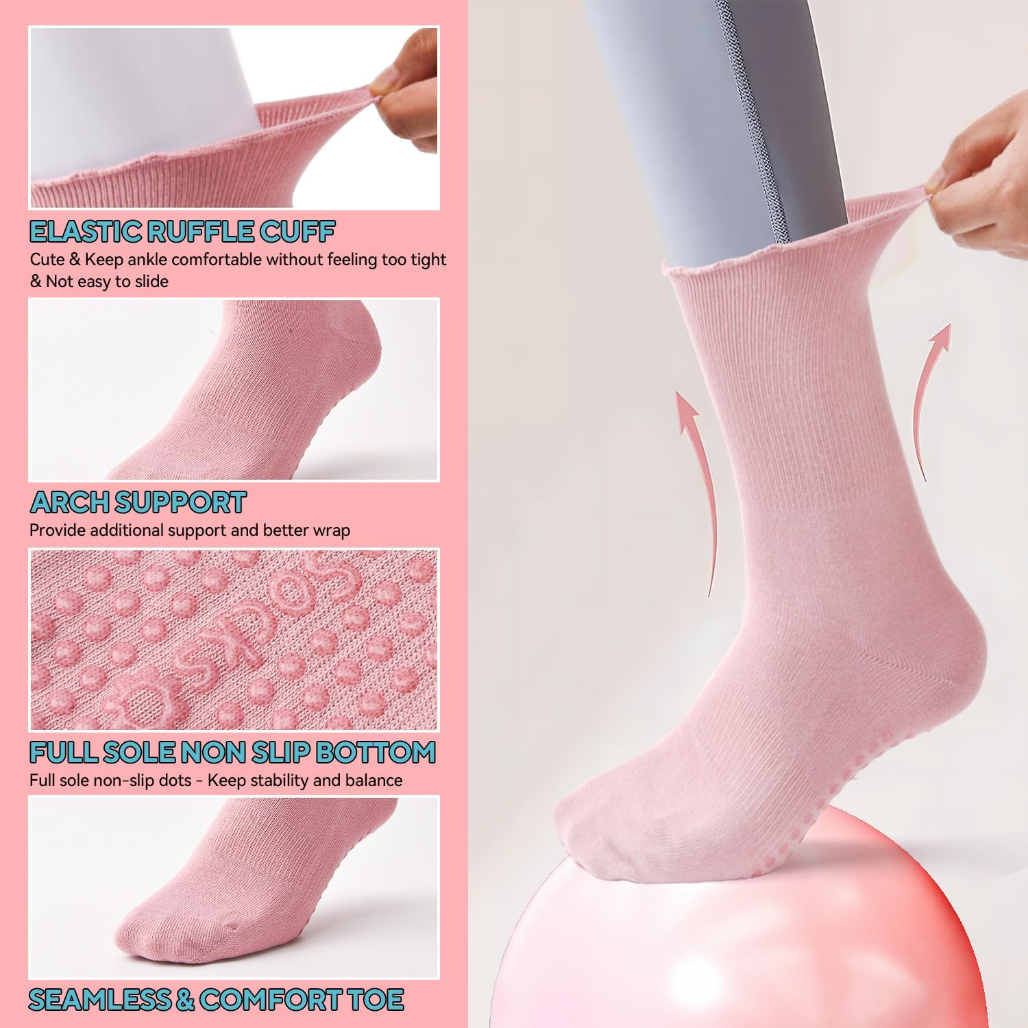 3 Pairs Pilates Grip Socks,Non Slip Ruffle Yoga Socks for Women,Anti-Skid Athletic Breathable Cotton Crew Socks for Yoga,Barre,Dance,Pregnant,Hospital,Fitness and Workout - Image 3