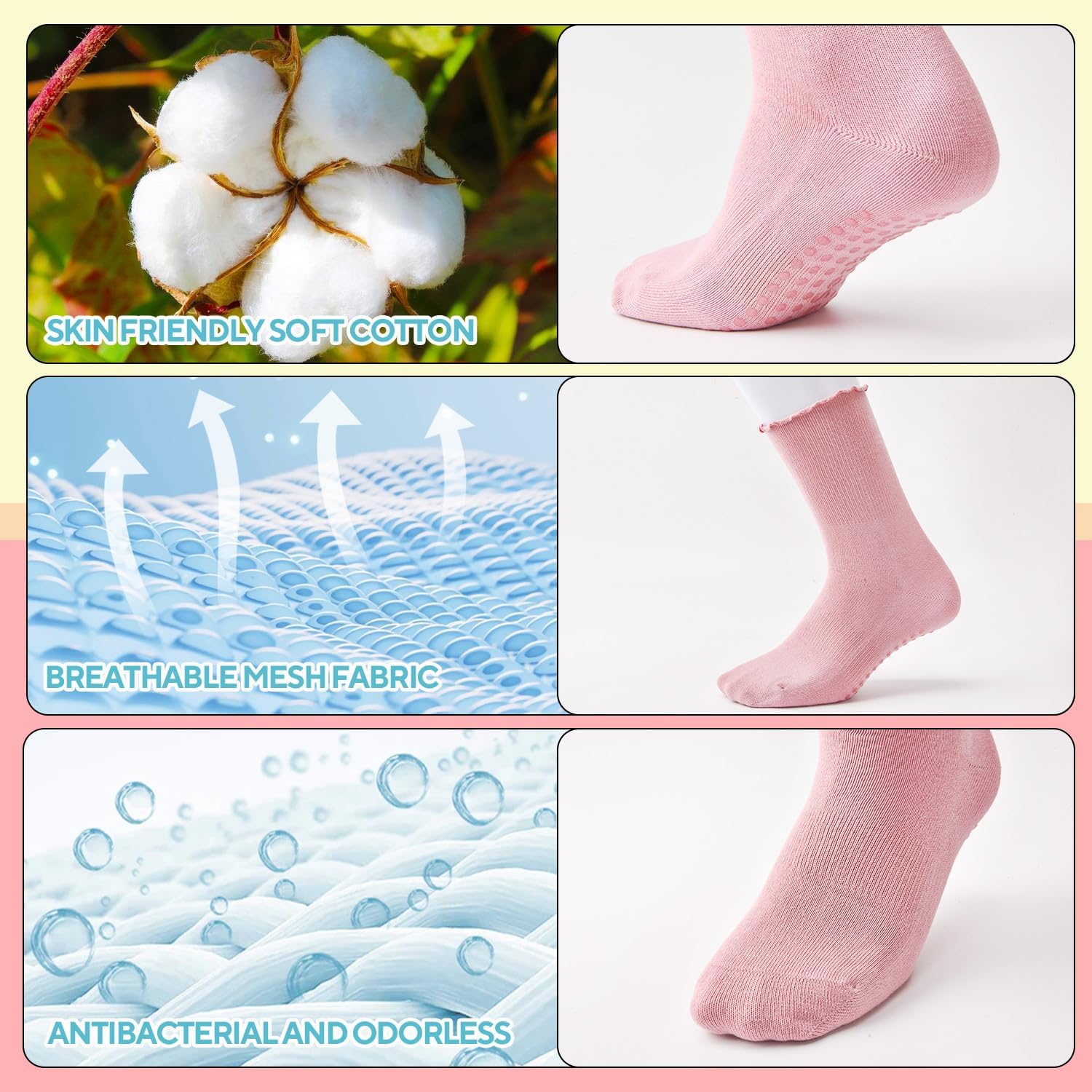 3 Pairs Pilates Grip Socks,Non Slip Ruffle Yoga Socks for Women,Anti-Skid Athletic Breathable Cotton Crew Socks for Yoga,Barre,Dance,Pregnant,Hospital,Fitness and Workout - Image 4