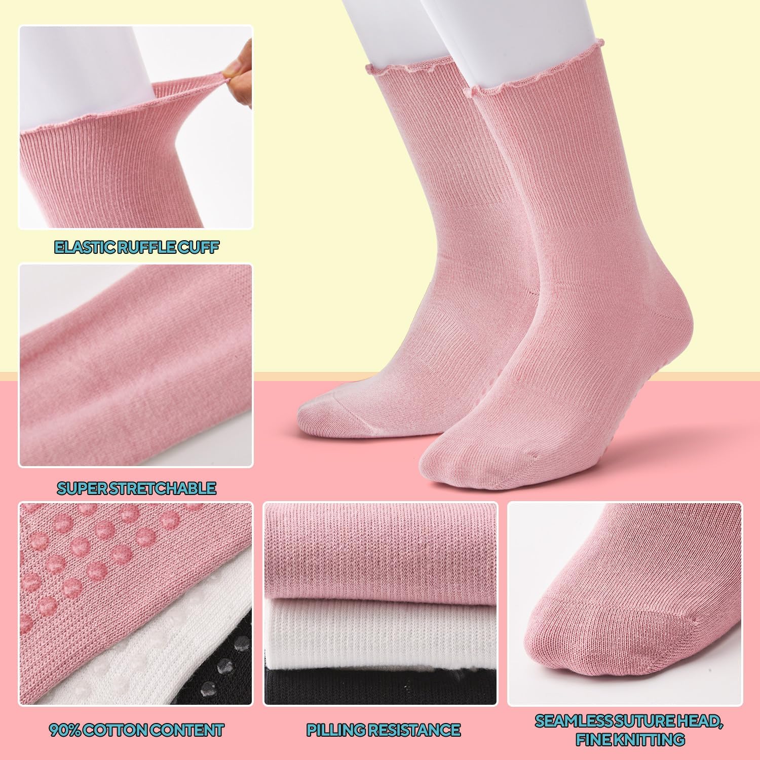 3 Pairs Pilates Grip Socks,Non Slip Ruffle Yoga Socks for Women,Anti-Skid Athletic Breathable Cotton Crew Socks for Yoga,Barre,Dance,Pregnant,Hospital,Fitness and Workout - Image 5
