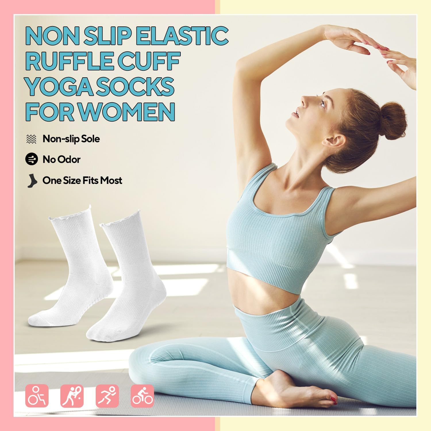 3 Pairs Pilates Grip Socks,Non Slip Ruffle Yoga Socks for Women,Anti-Skid Athletic Breathable Cotton Crew Socks for Yoga,Barre,Dance,Pregnant,Hospital,Fitness and Workout - Image 6