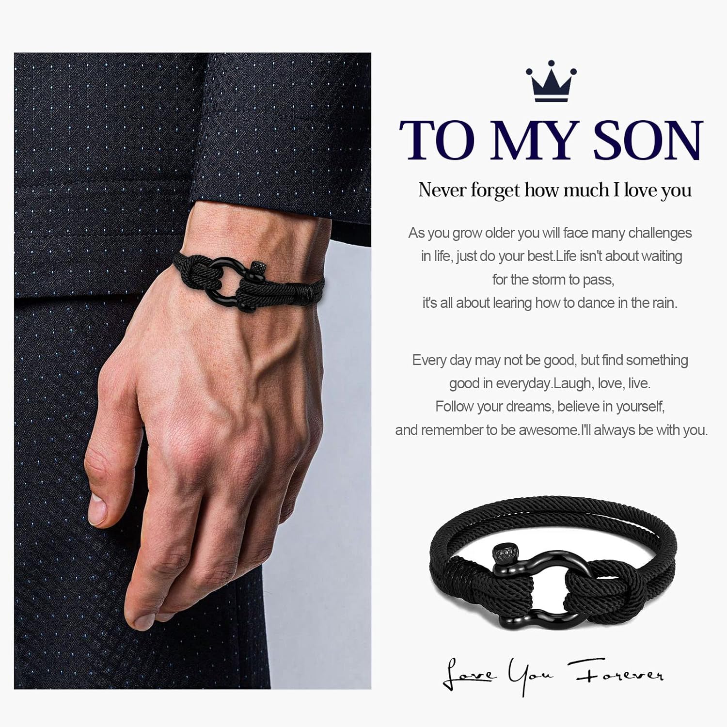 To My Son Bracelet from Mom with Inspirational Love Quotes, I Will Always Be with You Leather Bracelets for Men, Showing Mother Love You Forever, Personalized Custom Men Bracelets Graduation Birthday Back to School Gifts for Son from Mom - Image 2