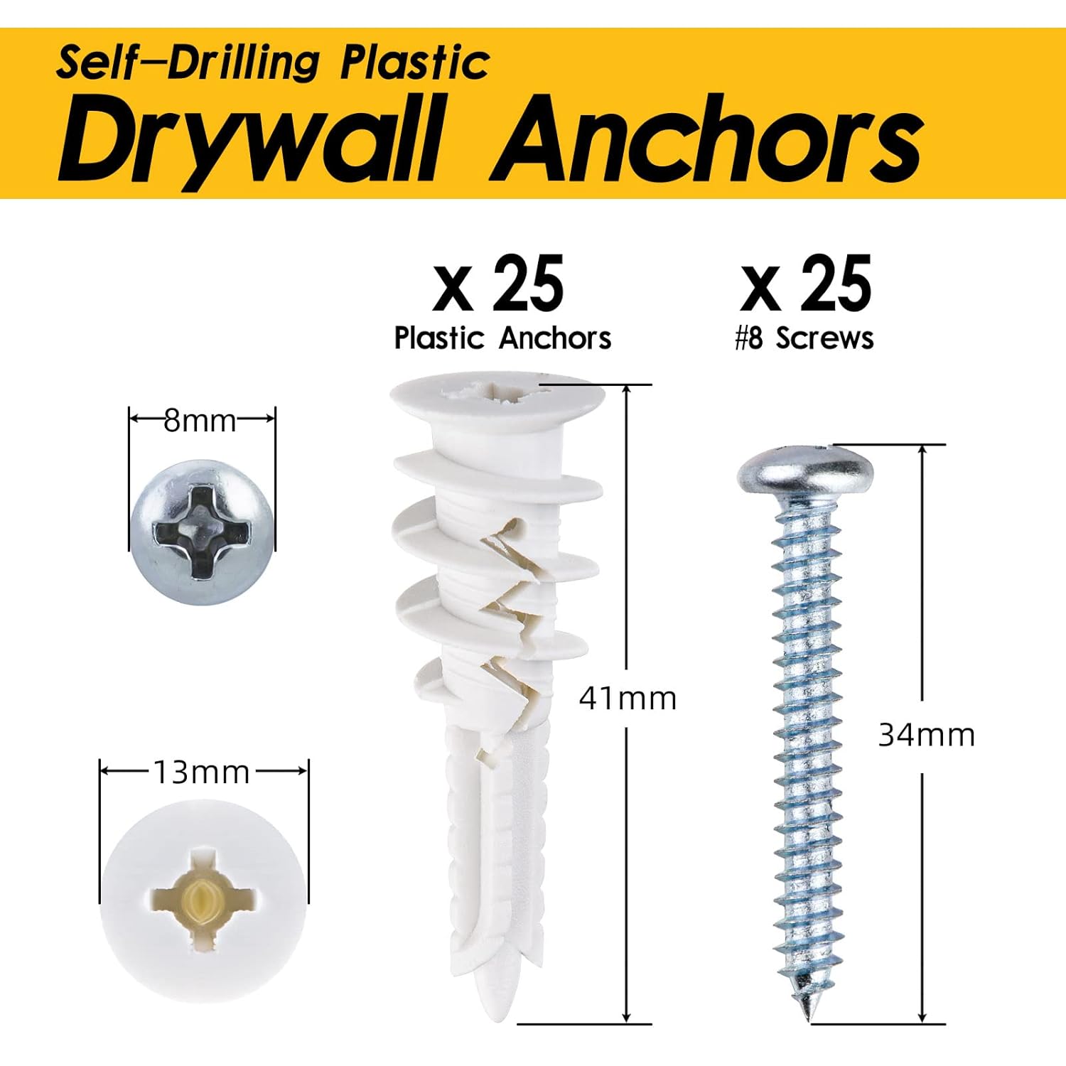 #8 Self Drilling Plastic Drywall Anchors and Screws Kit for Drywall, 25 pcs Wall Anchors & 25 pcs Drywall Screws, No Pre Drill Hole Preparation Required, 75LBS to Hang and Mount Heavy Items - Image 2