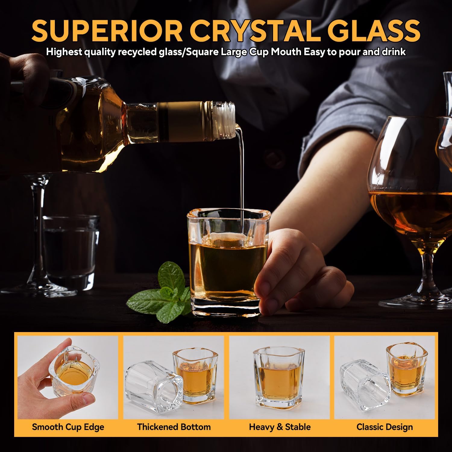 6 Pack 2oz Heavy Base Shot Glasses Set, Square Clear Shot Glasses Bulk, Tequila Shot Glass Small Bar Cart Accessories Espresso Shot Glass Holder for Spirits & Liquors, Whiskey, Vodka, Tequila, Party - Image 4