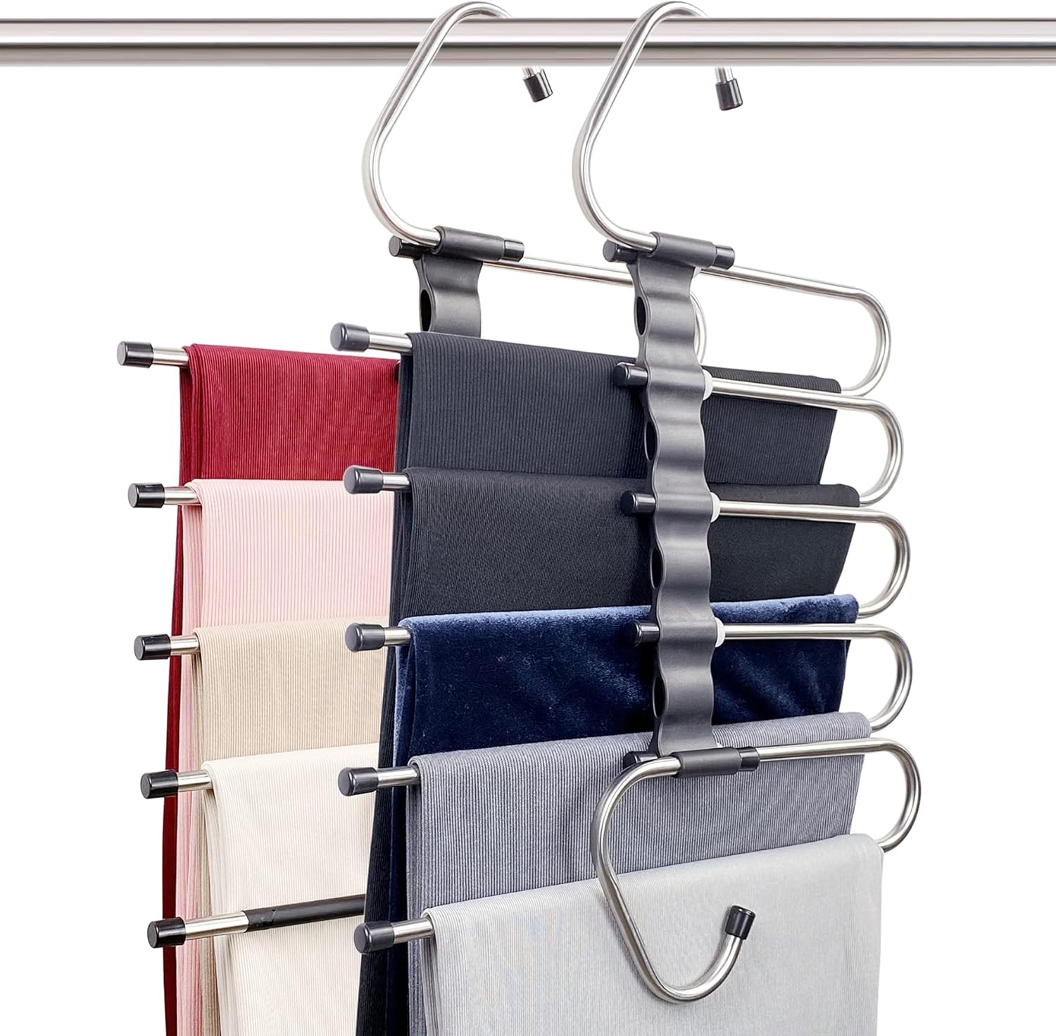 Magic Pants Hangers Space Saving - 2 Pack for Closet Multiple Layers Multifunctional Uses Rack Organizer for Trousers Scarves Slack (2 Pack with 10 Metal Clips) - Image 1