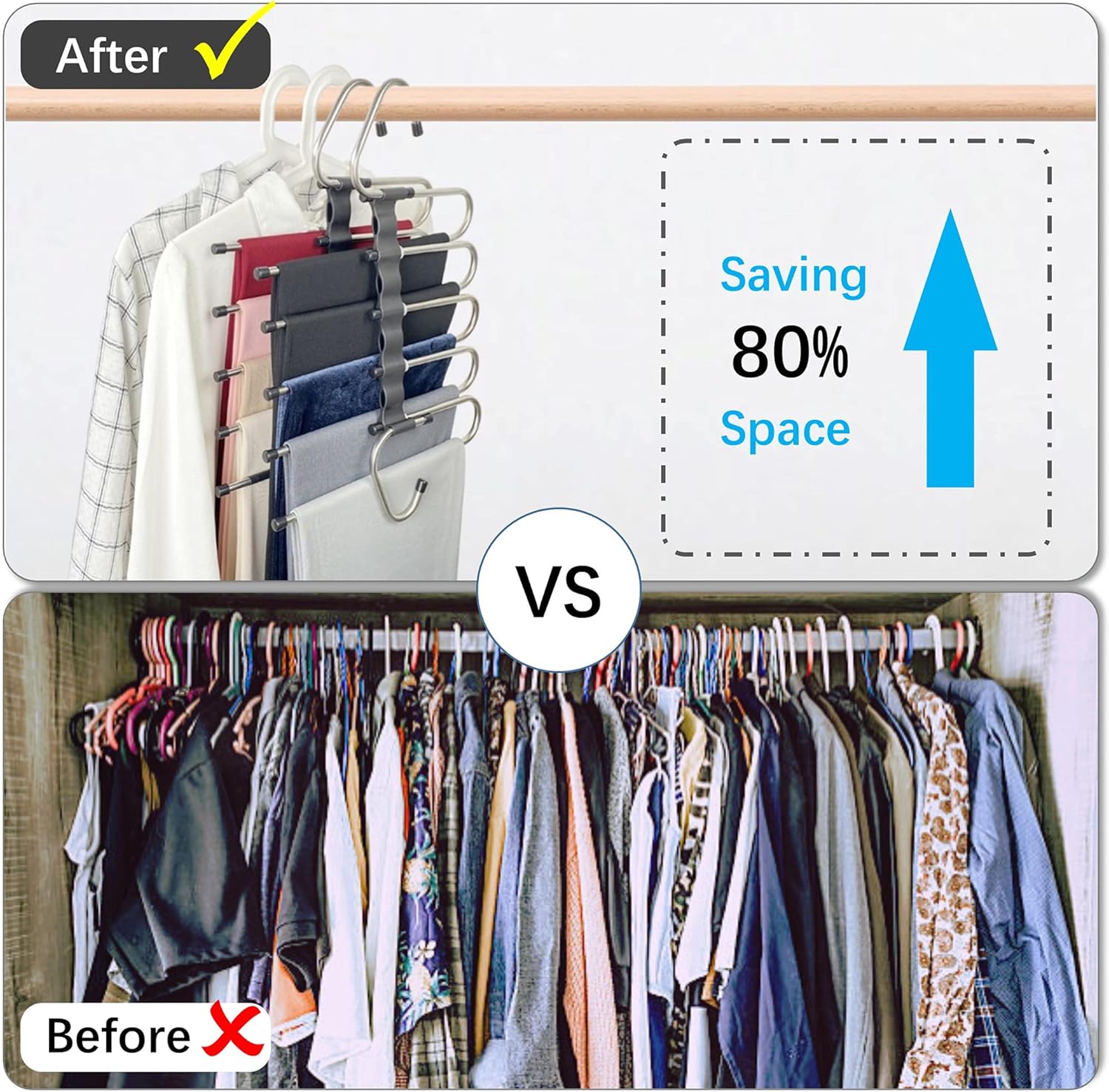 Magic Pants Hangers Space Saving - 2 Pack for Closet Multiple Layers Multifunctional Uses Rack Organizer for Trousers Scarves Slack (2 Pack with 10 Metal Clips) - Image 2