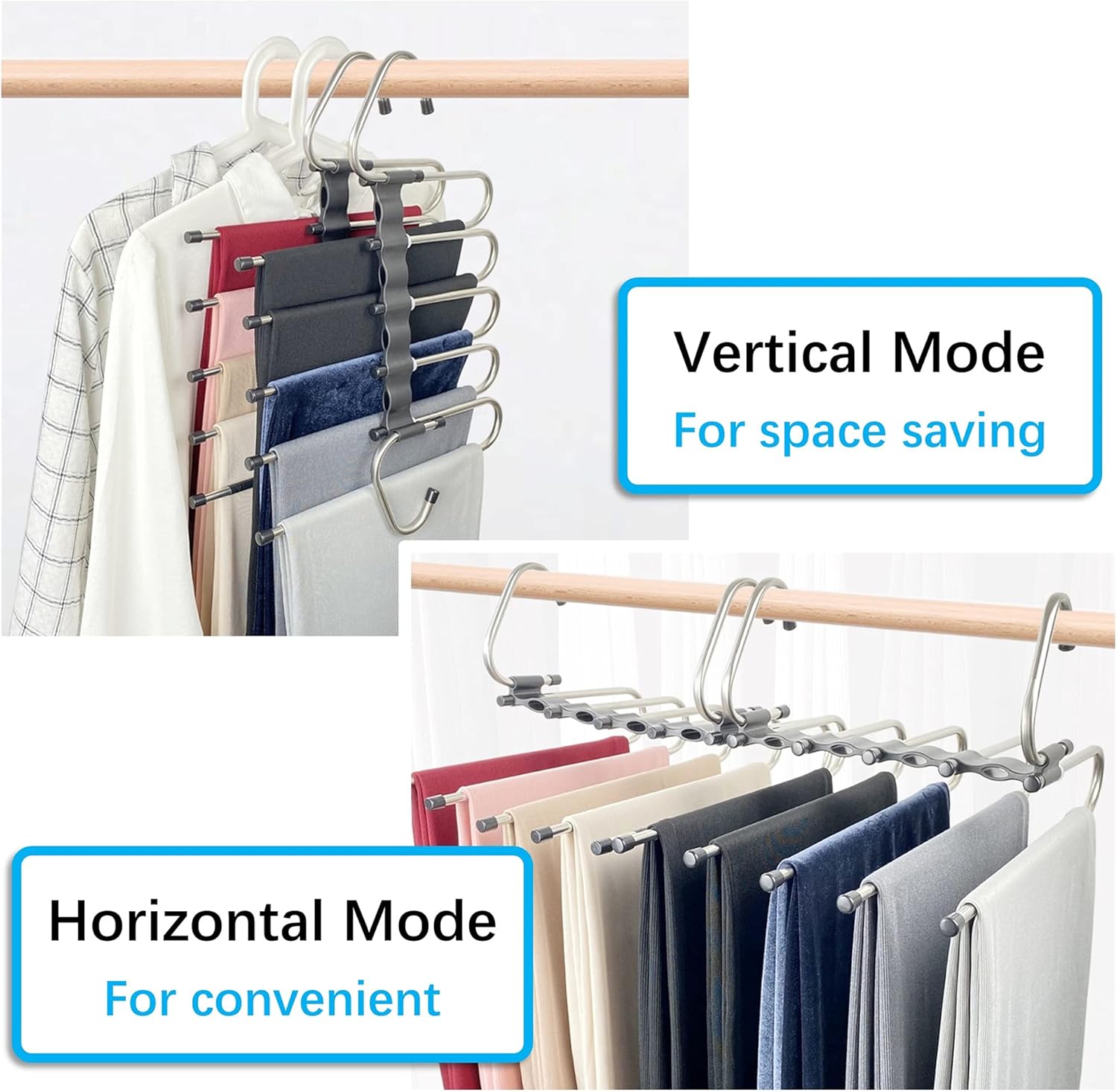 Magic Pants Hangers Space Saving - 2 Pack for Closet Multiple Layers Multifunctional Uses Rack Organizer for Trousers Scarves Slack (2 Pack with 10 Metal Clips) - Image 3