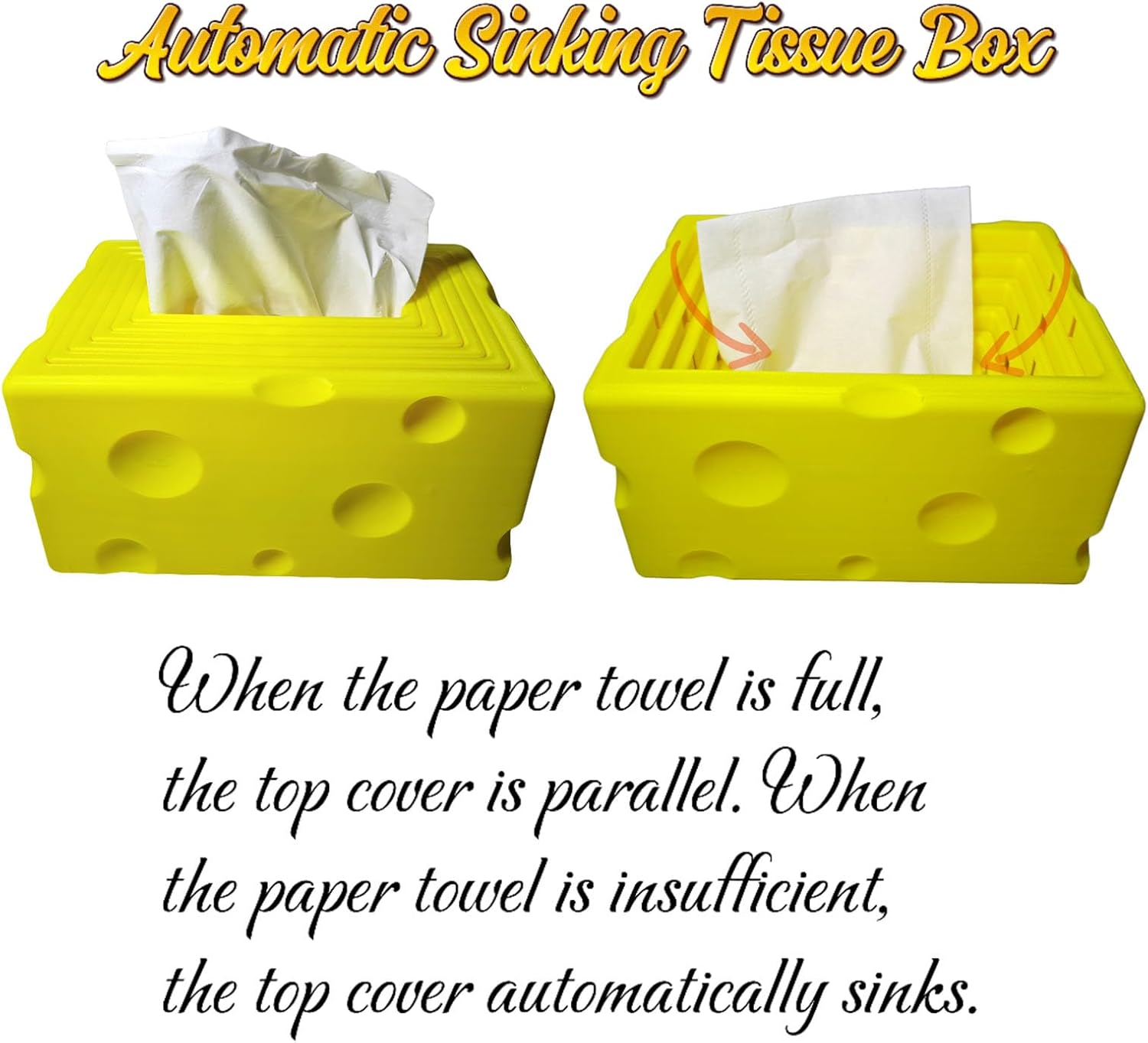 Cheese Automatic Sinking Tissue Box Cover, Stylish Rectangle Sunken Tissue Box Holder with Pull-Out Bottom, Decorative Tissue Cover for Bathroom Toilet Bedroom Table Desk Office (Yellow) - Image 2