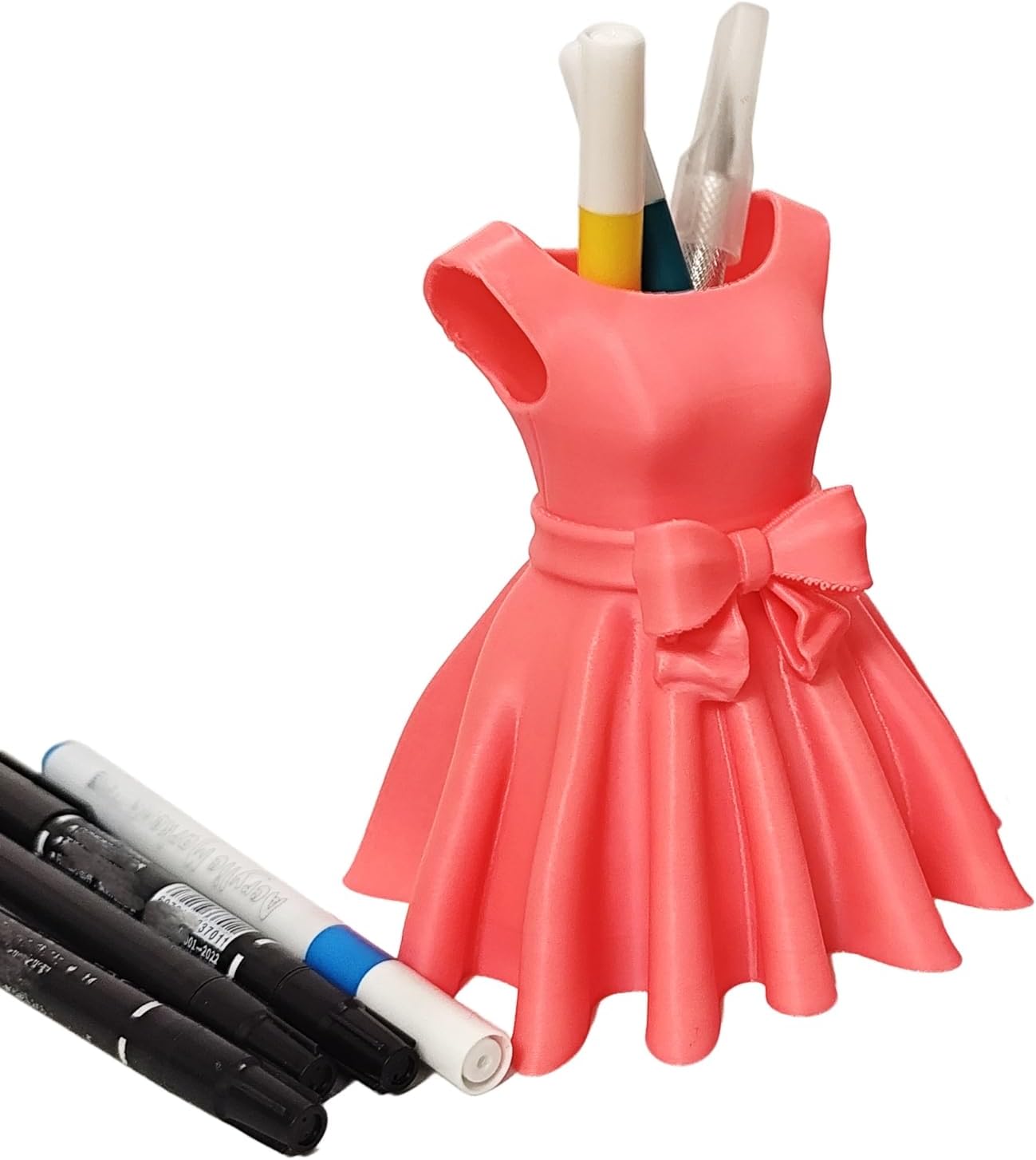 3D Printed Dress Pen Holder- Elegant Pink Dress Shape with Bow, Desk Organizer for Pens, Makeup Brushes, Unique Gift Idea - Image 1