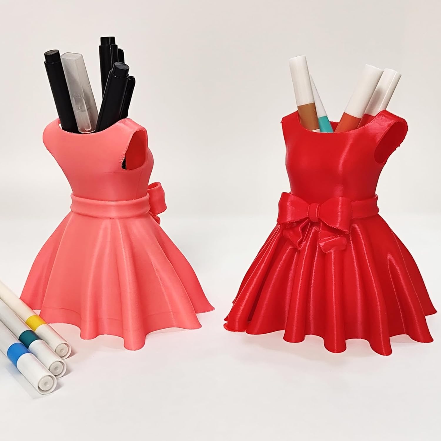 3D Printed Dress Pen Holder- Elegant Pink Dress Shape with Bow, Desk Organizer for Pens, Makeup Brushes, Unique Gift Idea - Image 2