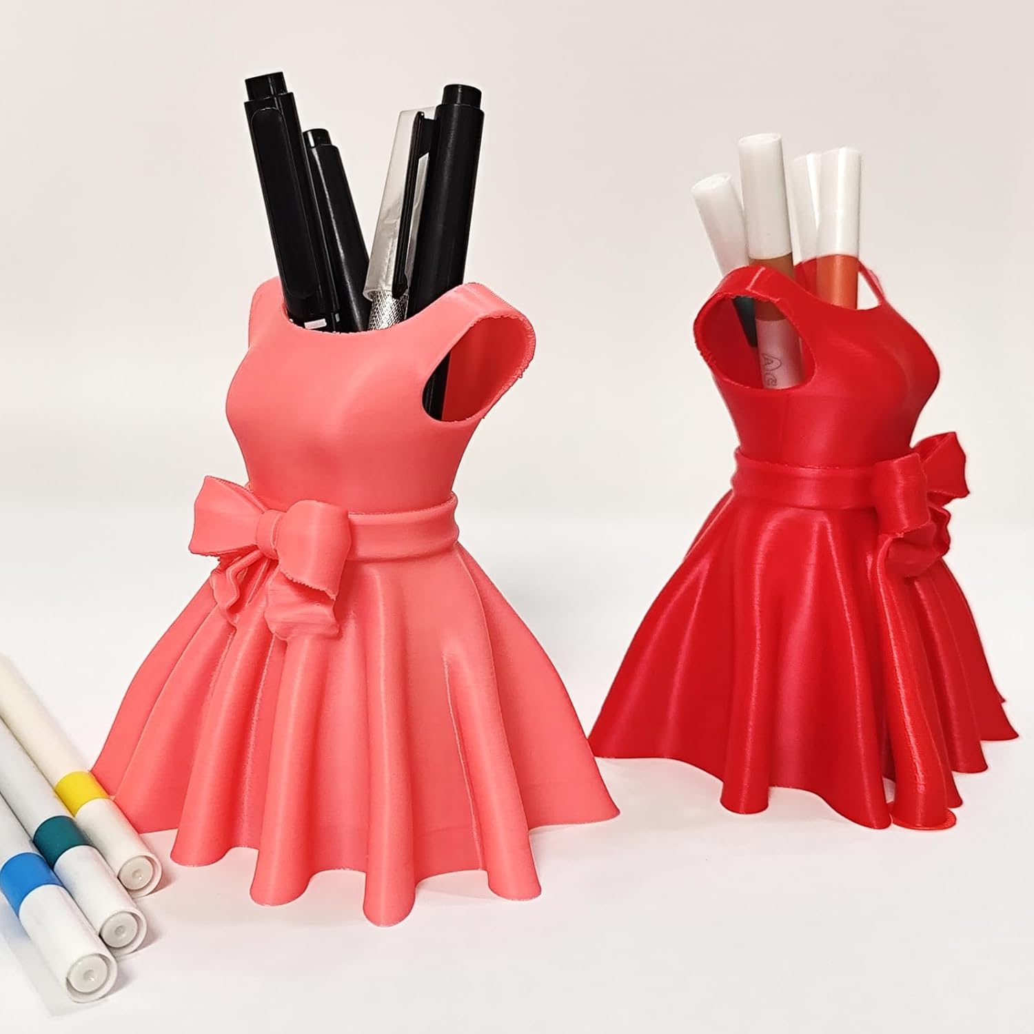 3D Printed Dress Pen Holder- Elegant Pink Dress Shape with Bow, Desk Organizer for Pens, Makeup Brushes, Unique Gift Idea - Image 3