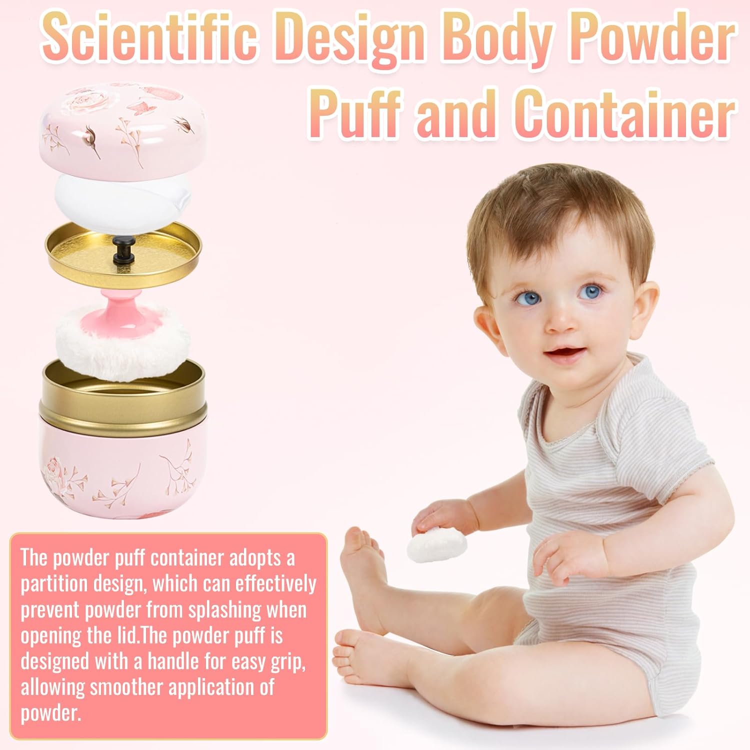 Dusting Boby Powder Puffs and Container for Women Baby, 3.15in Portable Soft Dusting Powder Container with Puff for Home Travel (Pink) - Image 3