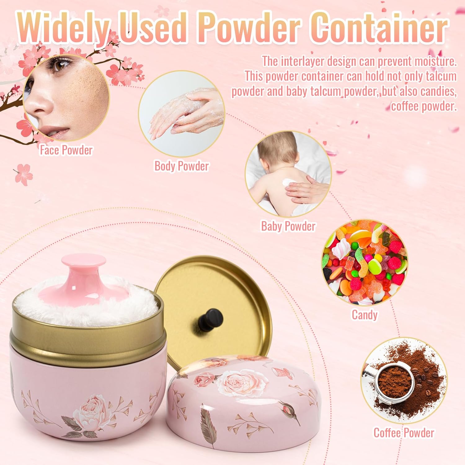 Dusting Boby Powder Puffs and Container for Women Baby, 3.15in Portable Soft Dusting Powder Container with Puff for Home Travel (Pink) - Image 4