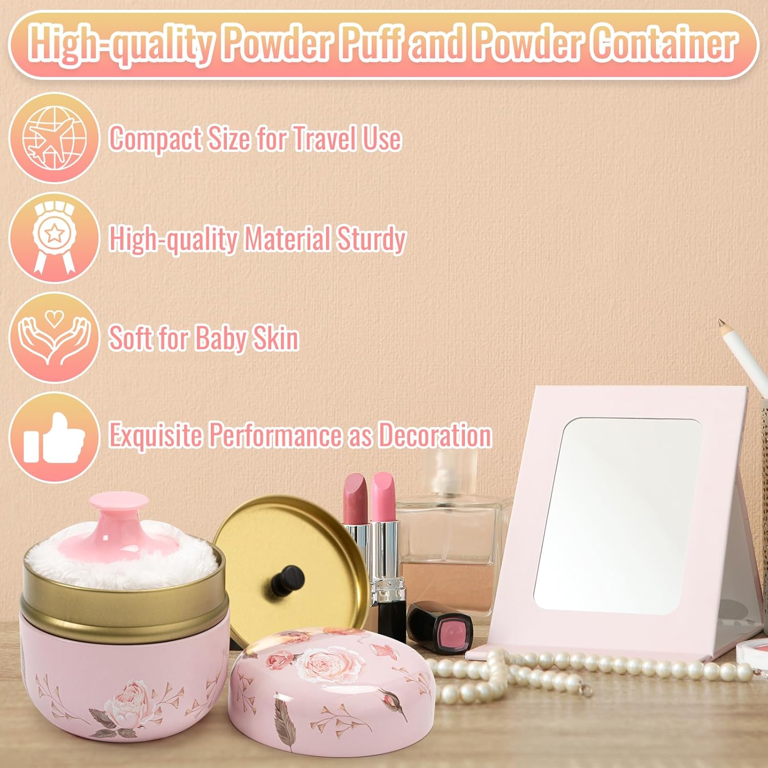 Dusting Boby Powder Puffs and Container for Women Baby, 3.15in Portable Soft Dusting Powder Container with Puff for Home Travel (Pink) - Image 5