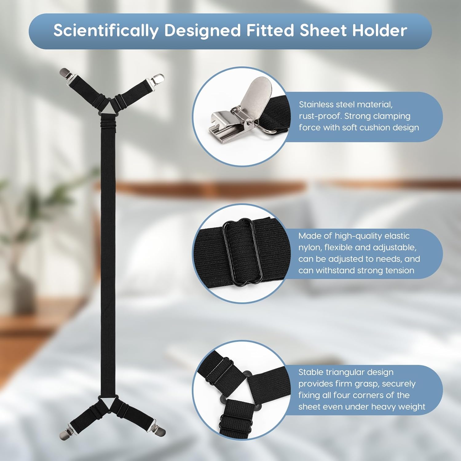 4PCS Bed Sheet Holders Straps for Corners, Elastic Adjustable Fitted Sheet Holder, Easy Install Bed Sheet Holder Suit for Round and Square Mattresses Bedspread Fasteners and Suspenders - Image 2