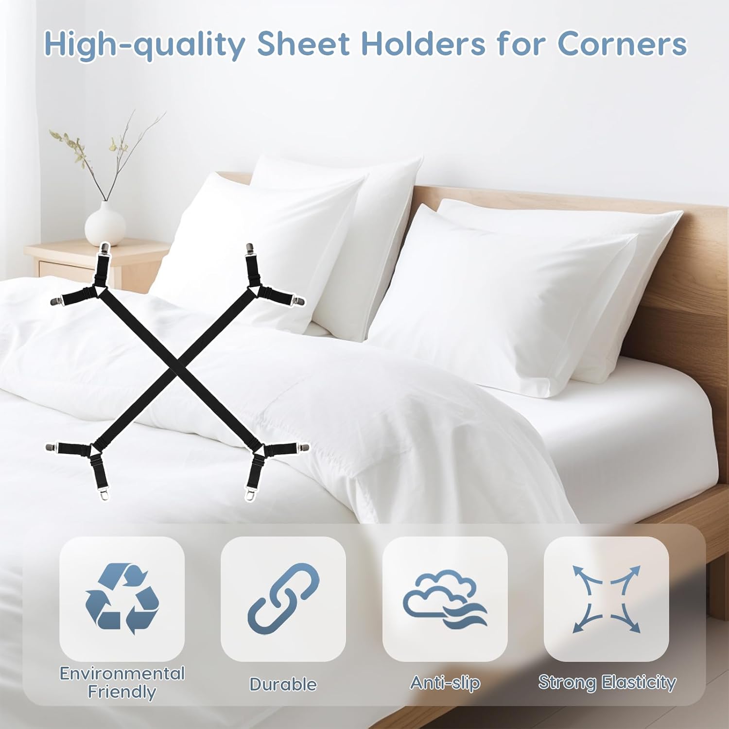 4PCS Bed Sheet Holders Straps for Corners, Elastic Adjustable Fitted Sheet Holder, Easy Install Bed Sheet Holder Suit for Round and Square Mattresses Bedspread Fasteners and Suspenders - Image 4