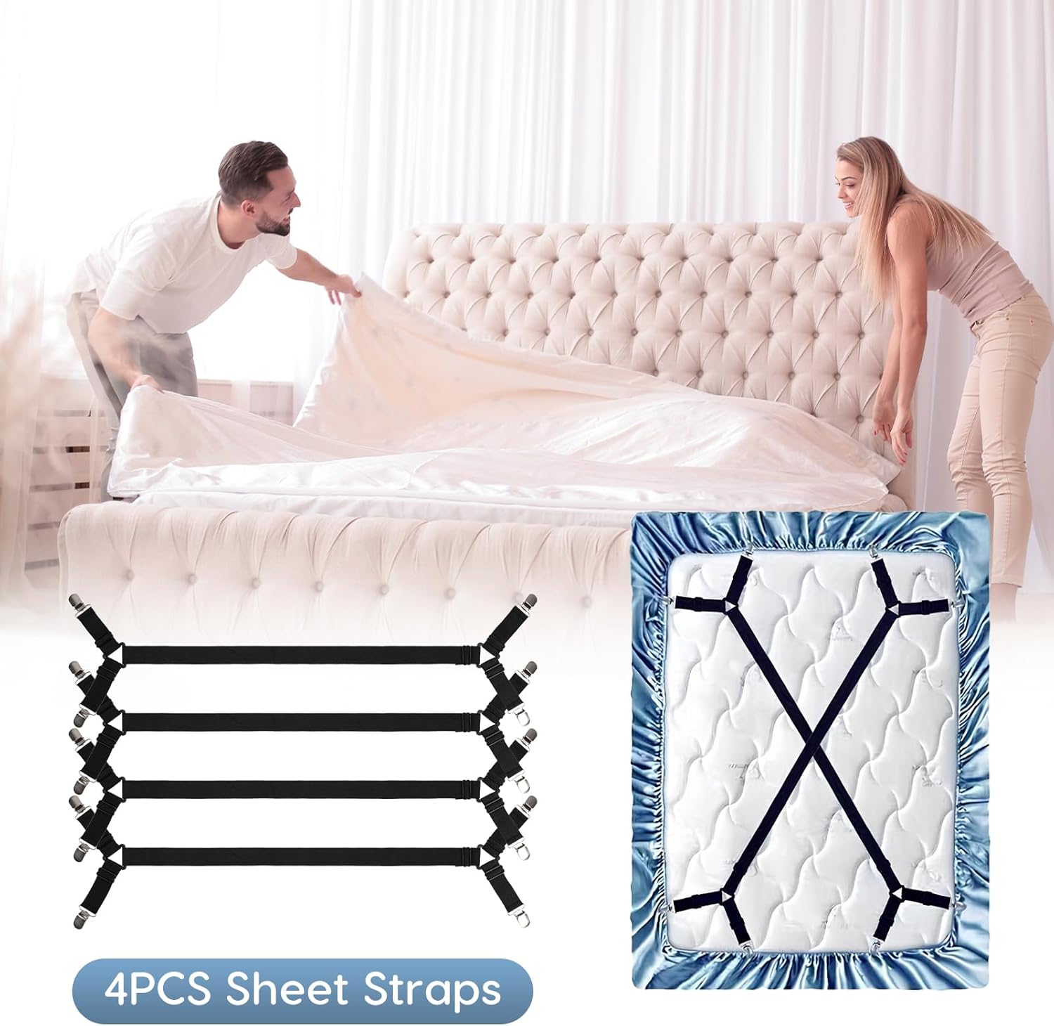 4PCS Bed Sheet Holders Straps for Corners, Elastic Adjustable Fitted Sheet Holder, Easy Install Bed Sheet Holder Suit for Round and Square Mattresses Bedspread Fasteners and Suspenders - Image 7
