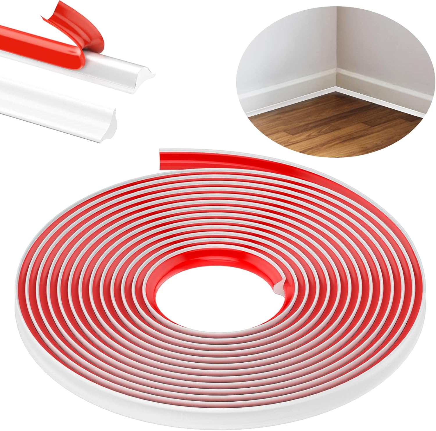 TPE Flexible Molding Trim, 6M Peel and Stick Moulding, Self-Adhesive Caulk Strip Quarter Round Trim,Baseboard Trim for Wall Corner Deco, Ceiling, Backsplash Tile Edge, Countertops(White,12 * 9MM) - Image 1