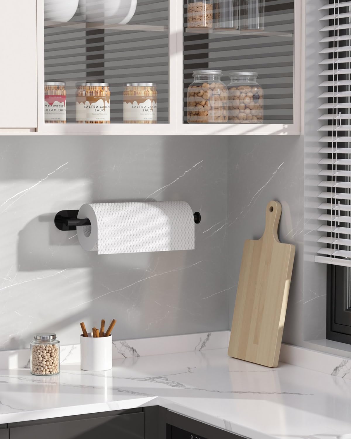 Thickened Steel Paper Towel Holders Under Cabinet for Kitchen, Bathroom, SUS304 Stainless Steel Pipe Hanging Paper Towel Rack Wall Mount, Self-Adhesive and Screws, Black - Image 2