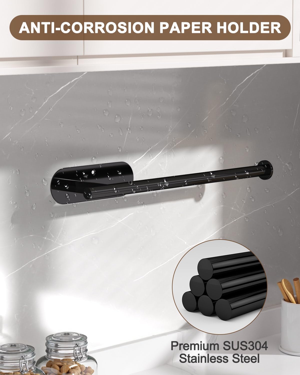 Thickened Steel Paper Towel Holders Under Cabinet for Kitchen, Bathroom, SUS304 Stainless Steel Pipe Hanging Paper Towel Rack Wall Mount, Self-Adhesive and Screws, Black - Image 3